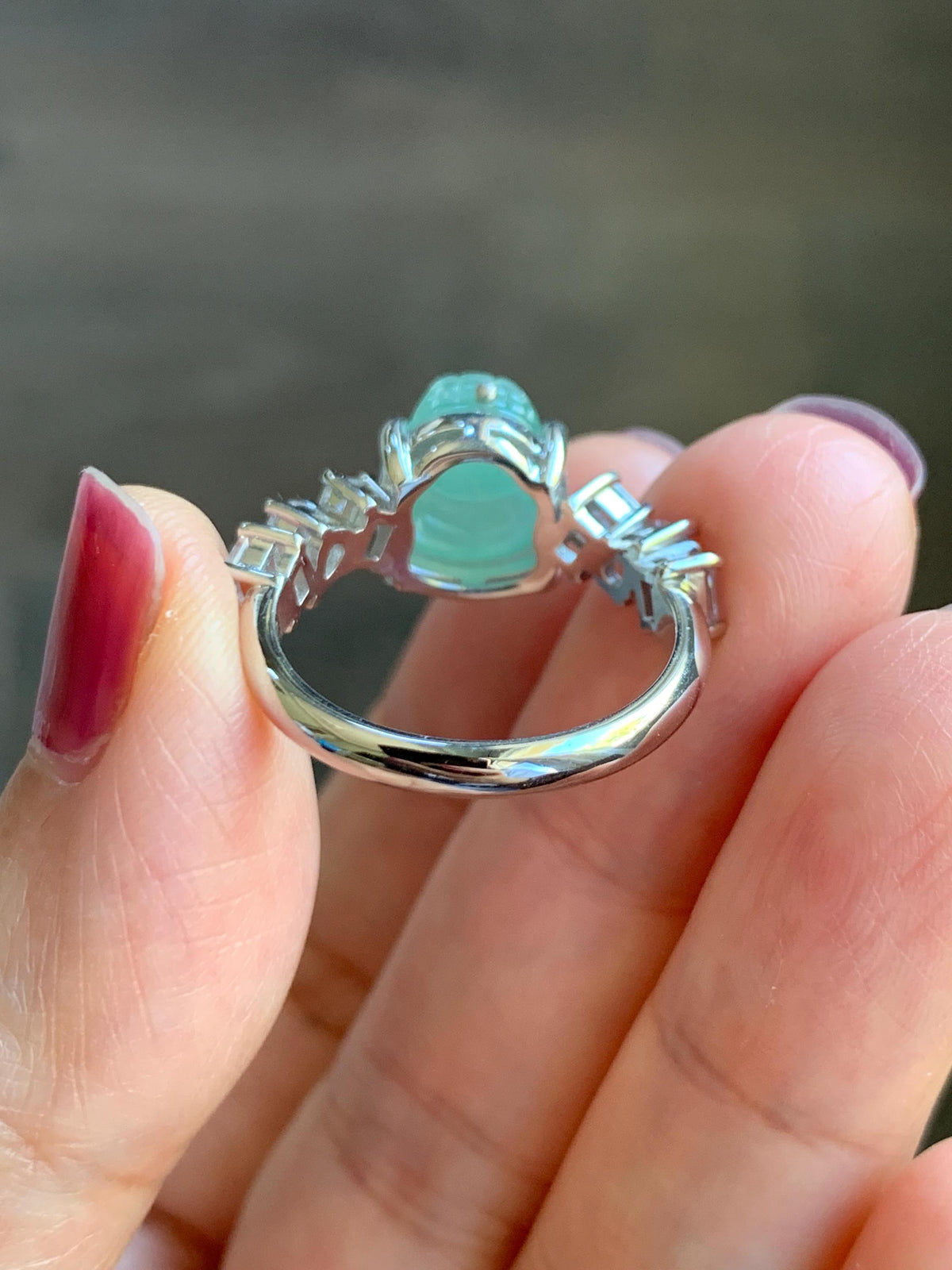 Certified Grade A Natural Icy Translucent Light Green Jade Jadeite Pixiu Ring Sterling Silver size 8 US 4.37g 天然冰胶晴色翡翠貔貅镶嵌戒指 1036