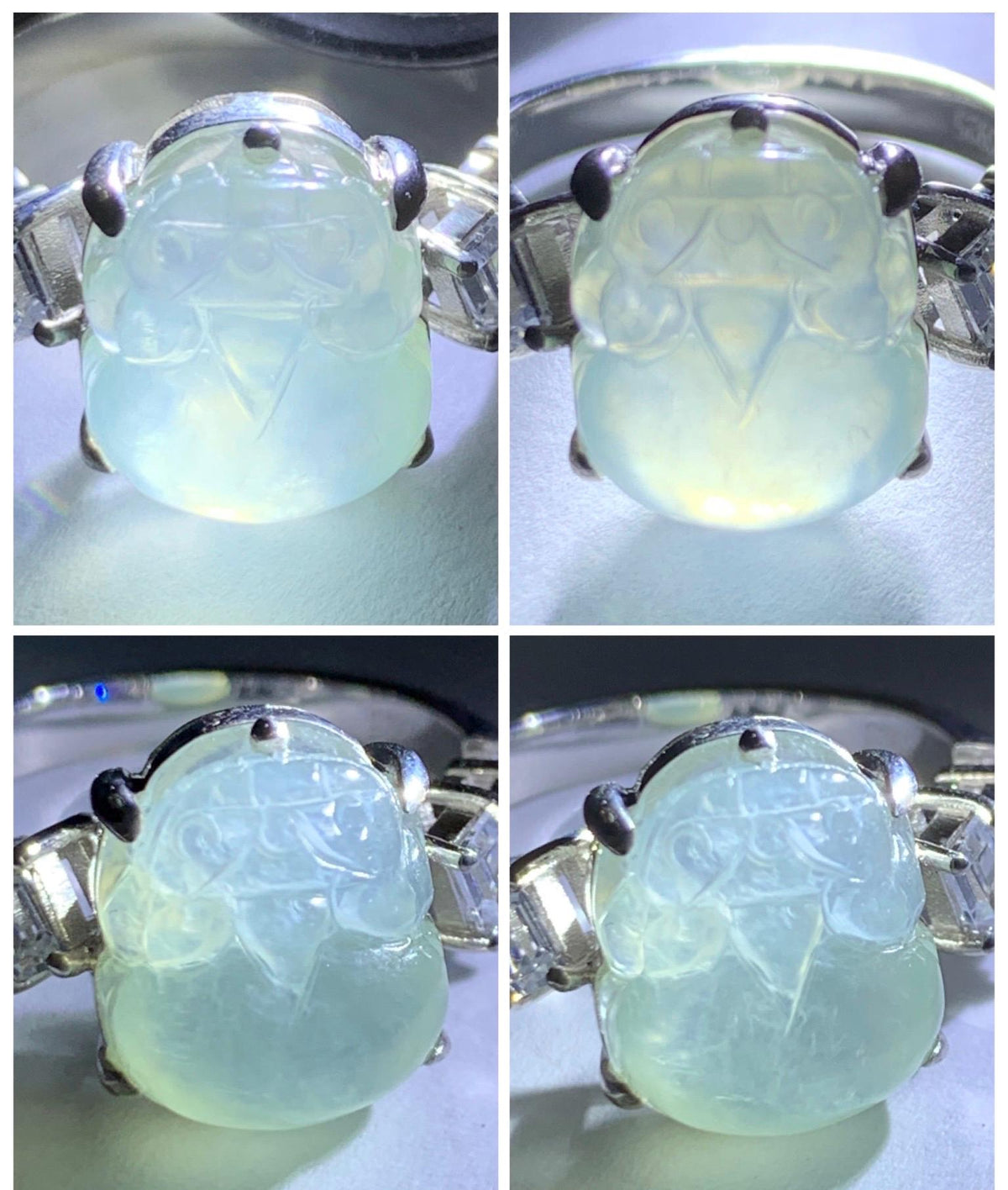 Certified Grade A Natural Icy Translucent White Jade Jadeite Pixiu Ring Sterling Silver size 6.75 US 4.65g 天然冰胶白晴底翡翠貔貅镶嵌戒指 1032