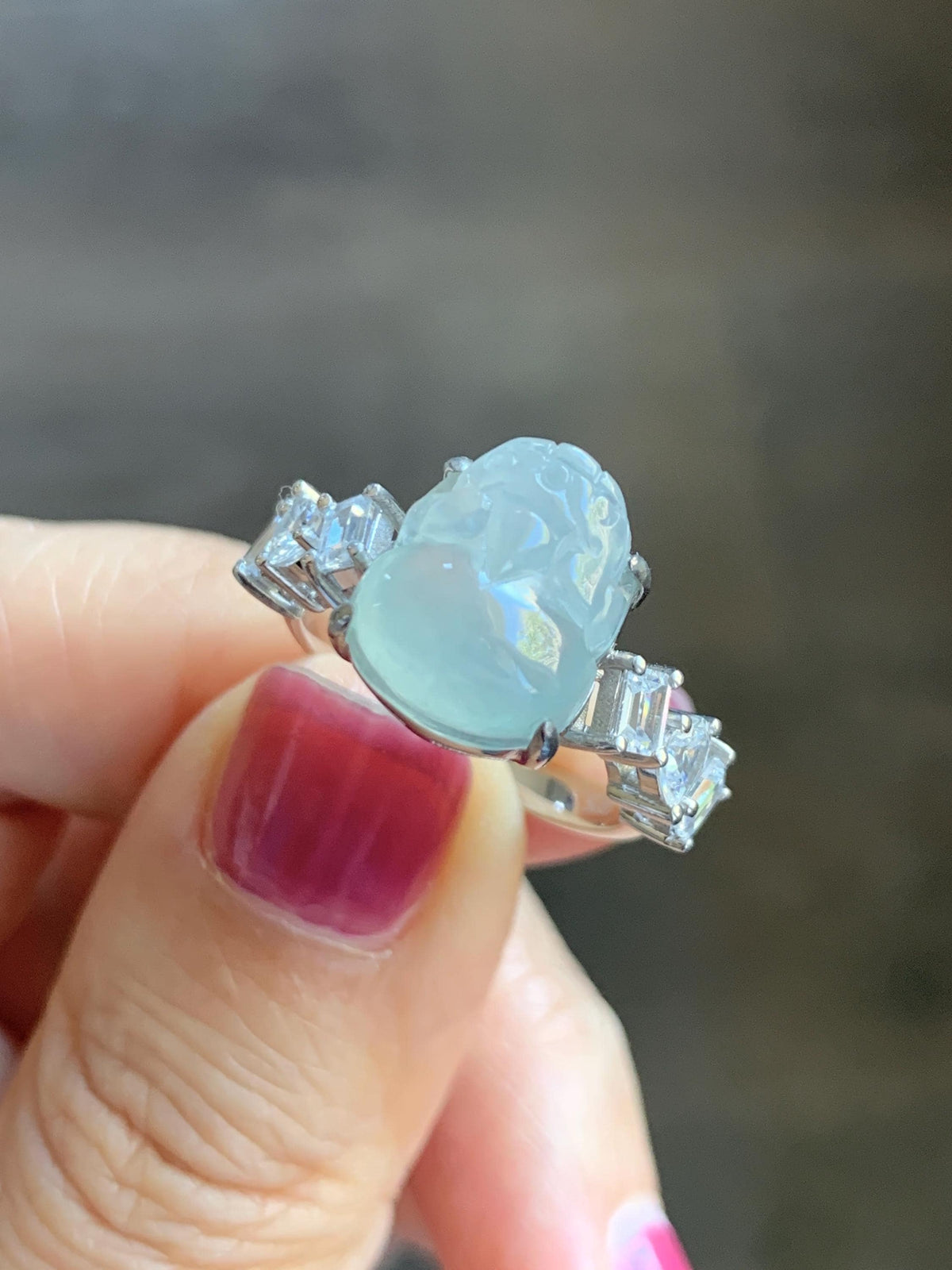 Certified Grade A Natural Icy Translucent White Jade Jadeite Pixiu Ring Sterling Silver size 6.75 US 4.65g 天然冰胶白晴底翡翠貔貅镶嵌戒指 1032