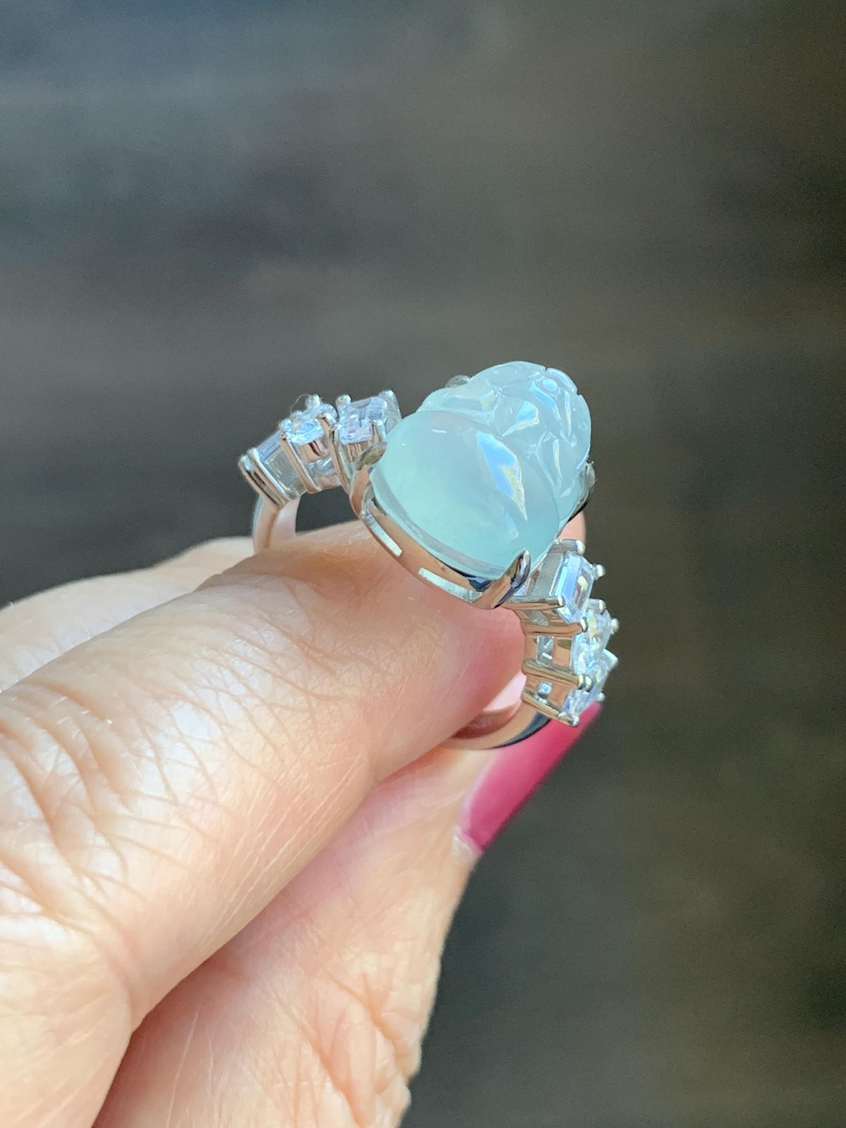 Certified Grade A Natural Icy Translucent White Jade Jadeite Pixiu Ring Sterling Silver size 6.75 US 4.65g 天然冰胶白晴底翡翠貔貅镶嵌戒指 1032
