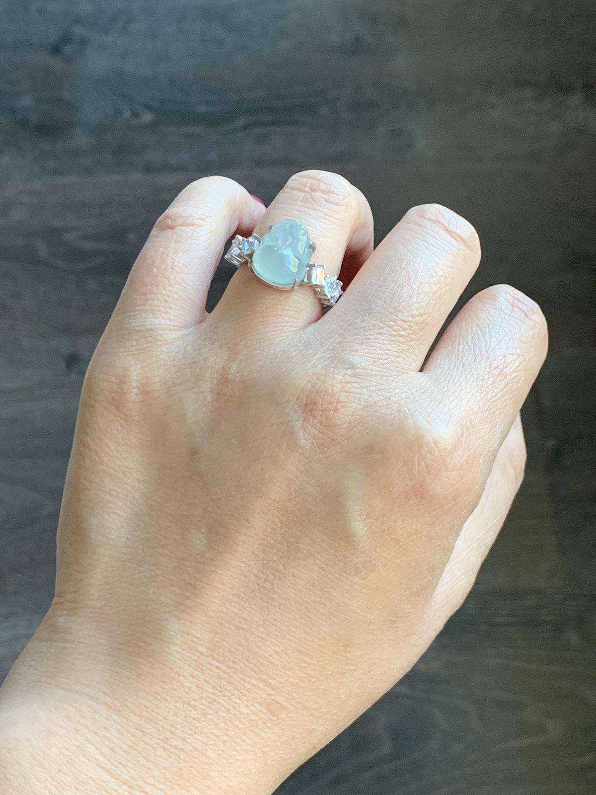 Certified Grade A Natural Icy Translucent White Jade Jadeite Pixiu Ring Sterling Silver size 6.75 US 4.65g 天然冰胶白晴底翡翠貔貅镶嵌戒指 1032