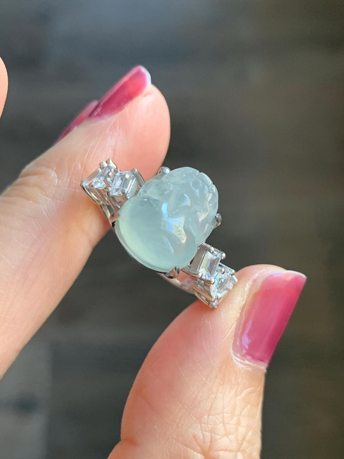 Certified Grade A Natural Icy Translucent White Jade Jadeite Pixiu Ring Sterling Silver size 6.75 US 4.65g 天然冰胶白晴底翡翠貔貅镶嵌戒指 1032