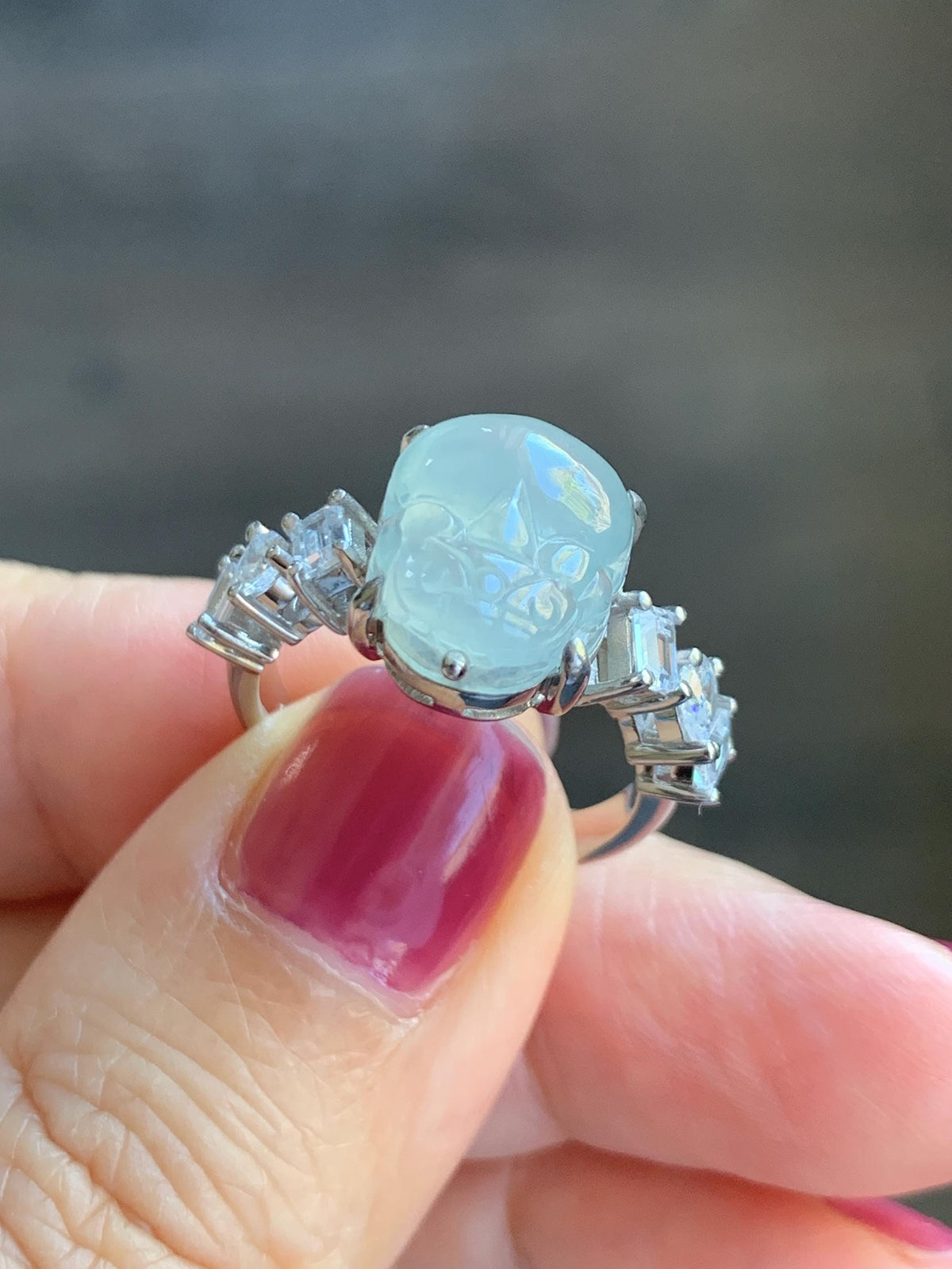 Certified Grade A Natural Icy Translucent White Jade Jadeite Pixiu Ring Sterling Silver size 6.75 US 4.65g 天然冰胶白晴底翡翠貔貅镶嵌戒指 1032