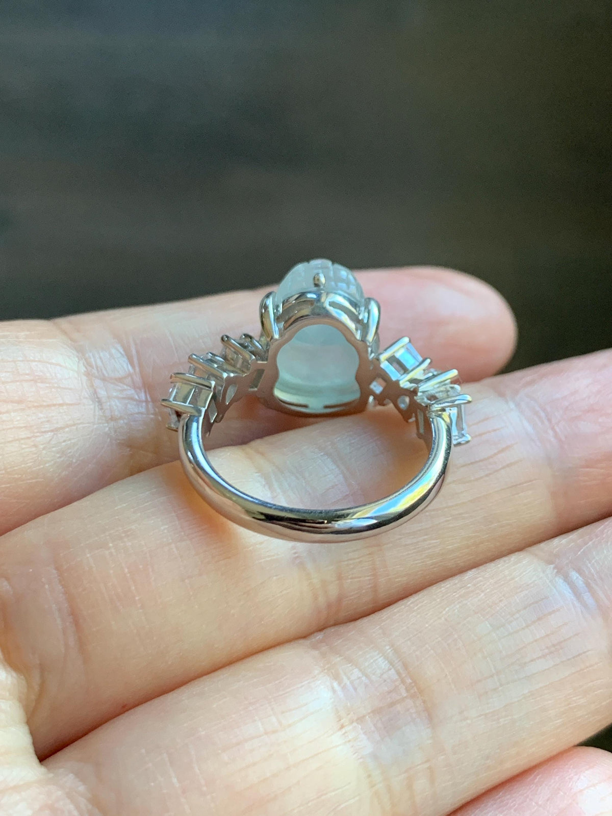 Certified Grade A Natural Icy Translucent White Jade Jadeite Pixiu Ring Sterling Silver size 6.75 US 4.65g 天然冰胶白晴底翡翠貔貅镶嵌戒指 1032