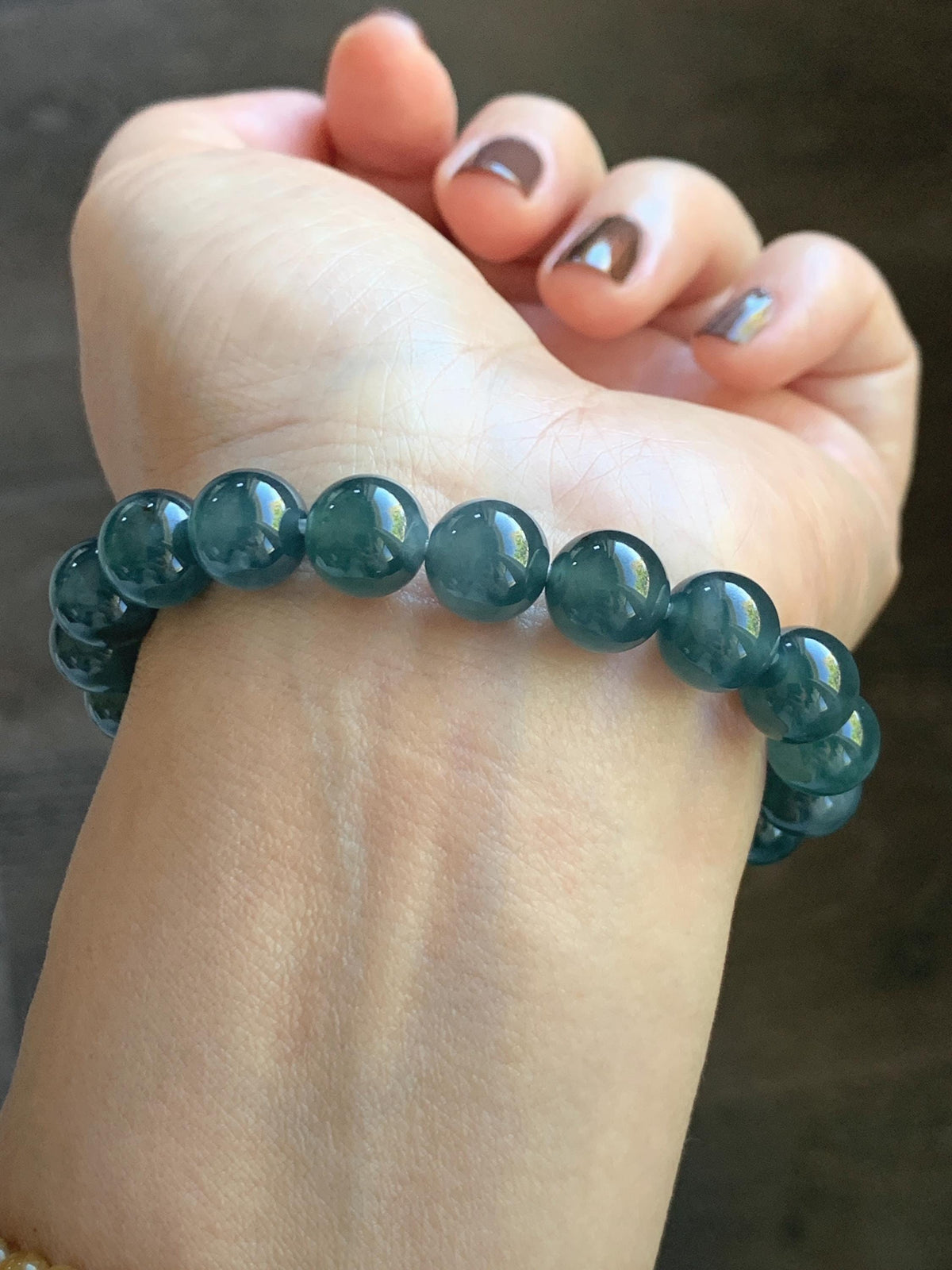 Natural Grade A Guatemalan Icy Translucent Dark Teal Blue Jade Jadeite Beaded Bracelet Stretchy 9.8mm 7.25” 32g 天然冰危深蓝绿翡翠圆珠手串 WLJ220