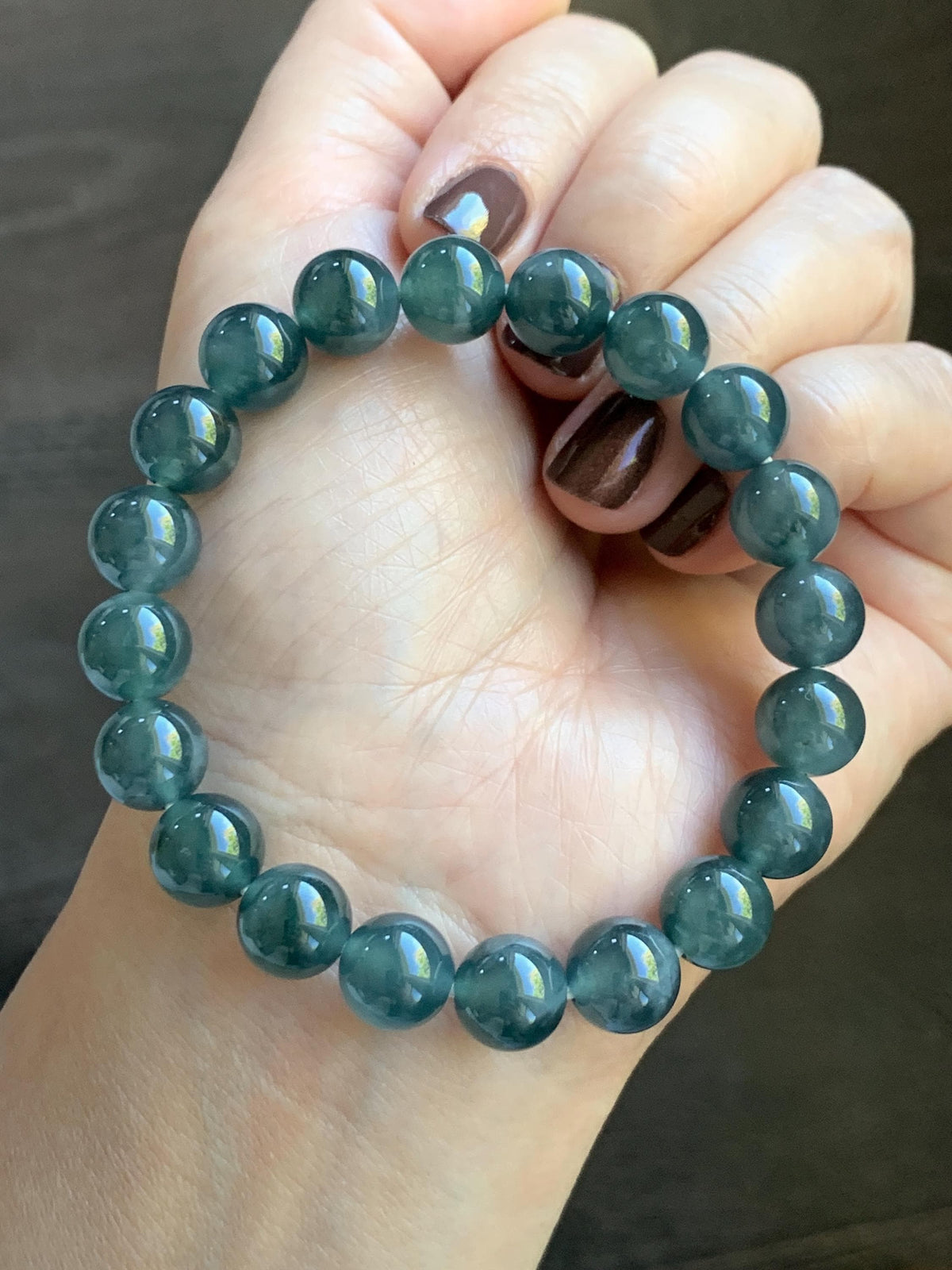 Natural Grade A Guatemalan Icy Translucent Dark Teal Blue Jade Jadeite Beaded Bracelet Stretchy 9.8mm 7.25” 32g 天然冰危深蓝绿翡翠圆珠手串 WLJ220