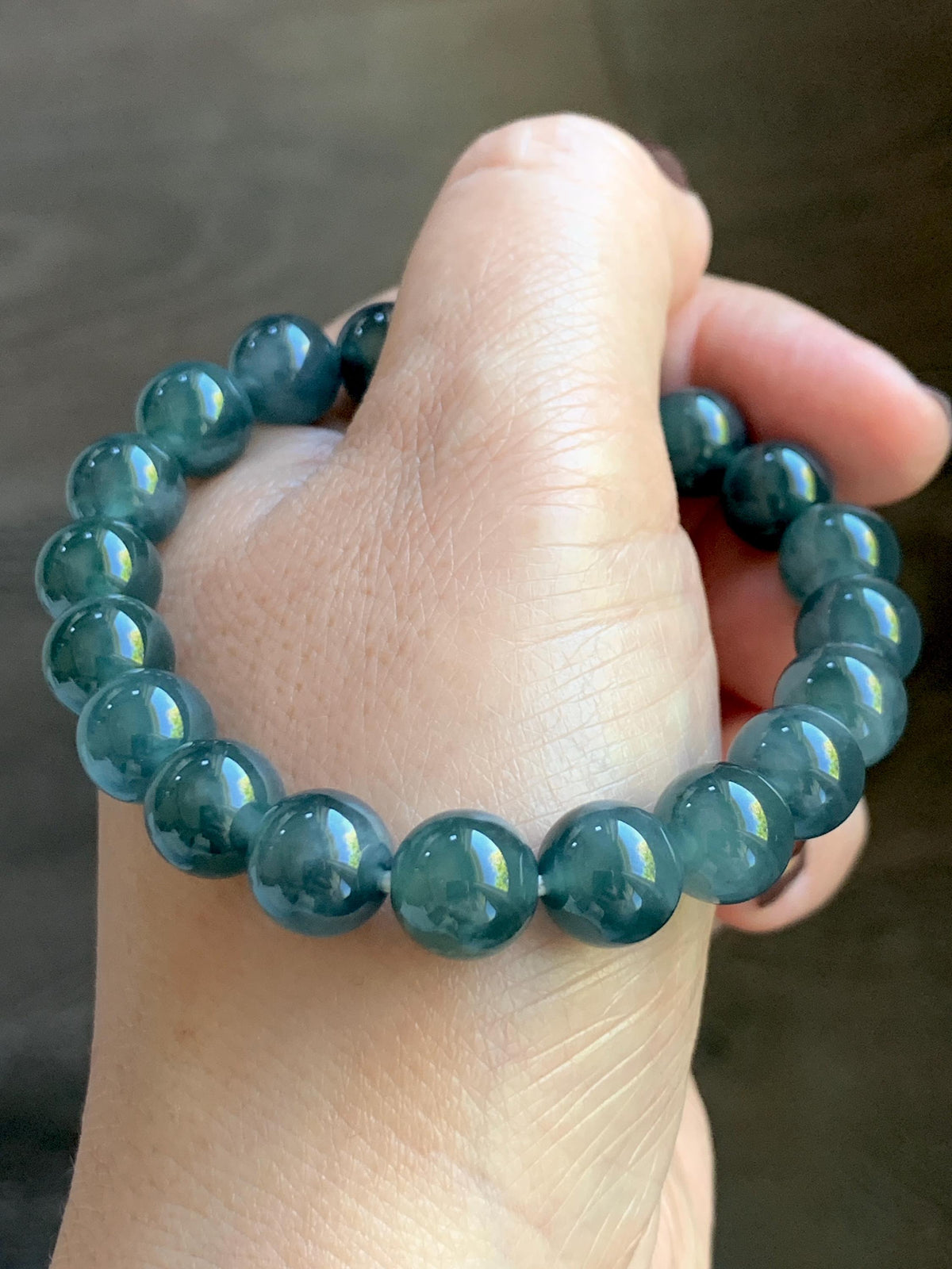 Natural Grade A Guatemalan Icy Translucent Dark Teal Blue Jade Jadeite Beaded Bracelet Stretchy 9.8mm 7.25” 32g 天然冰危深蓝绿翡翠圆珠手串 WLJ220