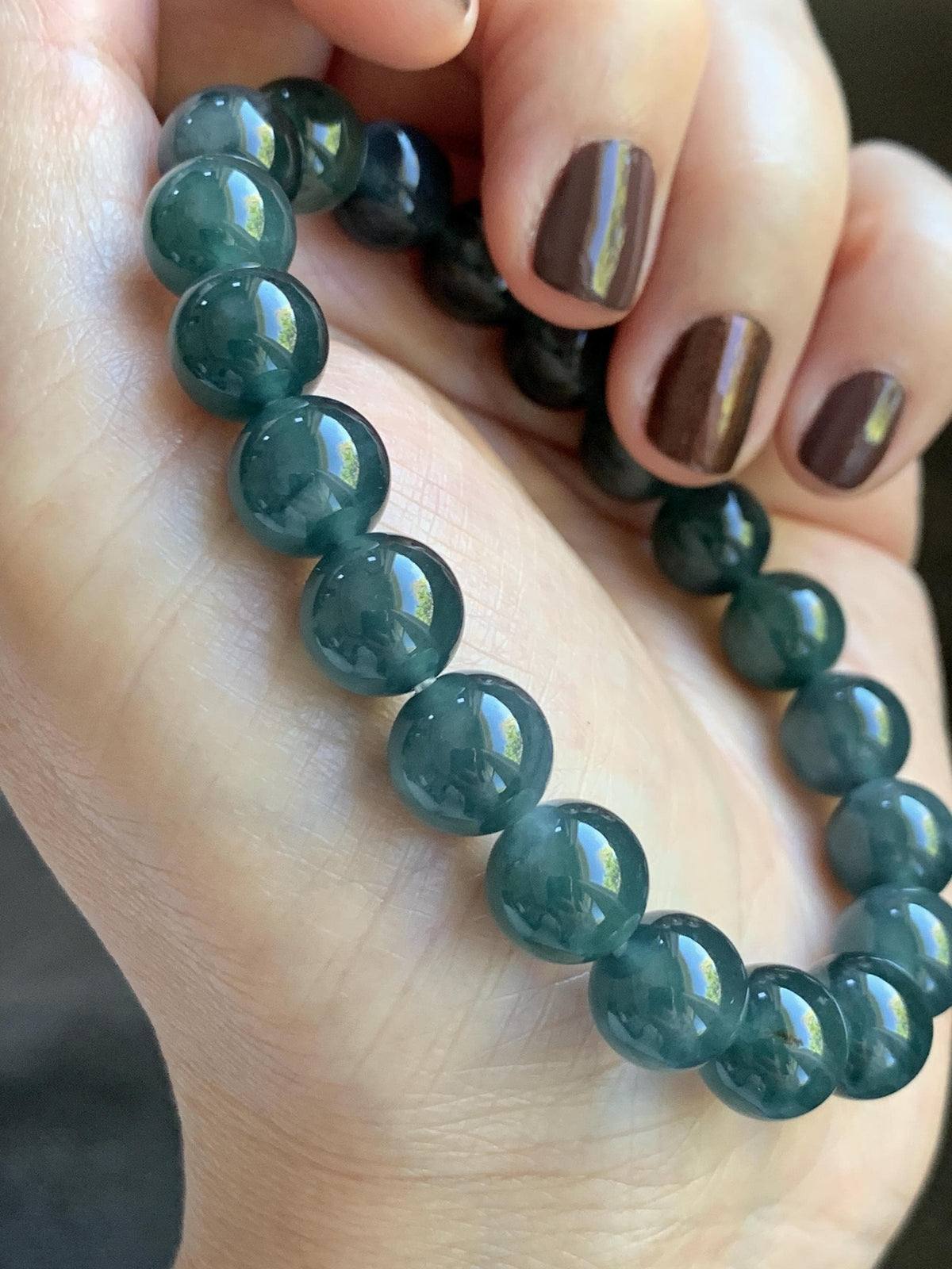Natural Grade A Guatemalan Icy Translucent Dark Teal Blue Jade Jadeite Beaded Bracelet Stretchy 9.8mm 7.25” 32g 天然冰危深蓝绿翡翠圆珠手串 WLJ220