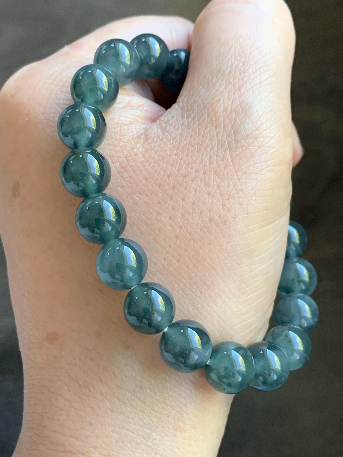 Natural Grade A Guatemalan Icy Translucent Dark Teal Blue Jade Jadeite Beaded Bracelet Stretchy 9.8mm 7.25” 32g 天然冰危深蓝绿翡翠圆珠手串 WLJ220