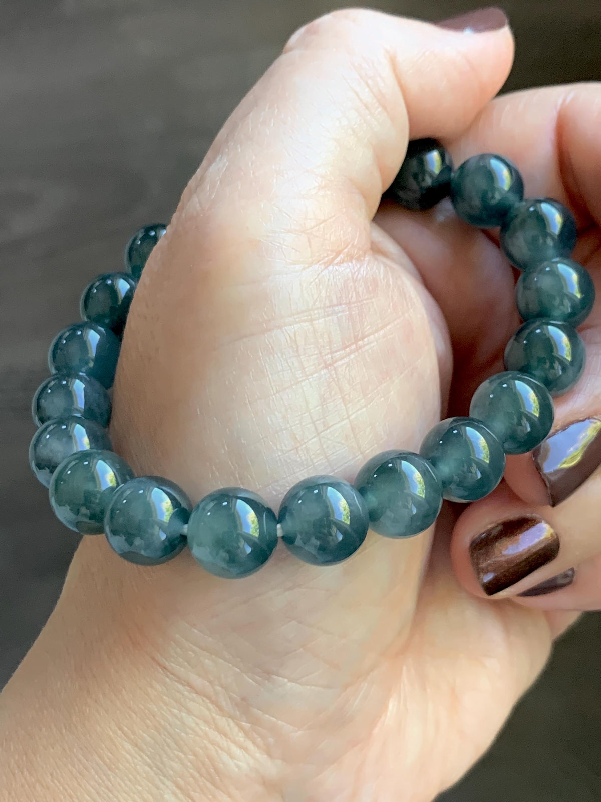 Natural Grade A Guatemalan Icy Translucent Dark Teal Blue Jade Jadeite Beaded Bracelet Stretchy 9.8mm 7.25” 32g 天然冰危深蓝绿翡翠圆珠手串 WLJ220