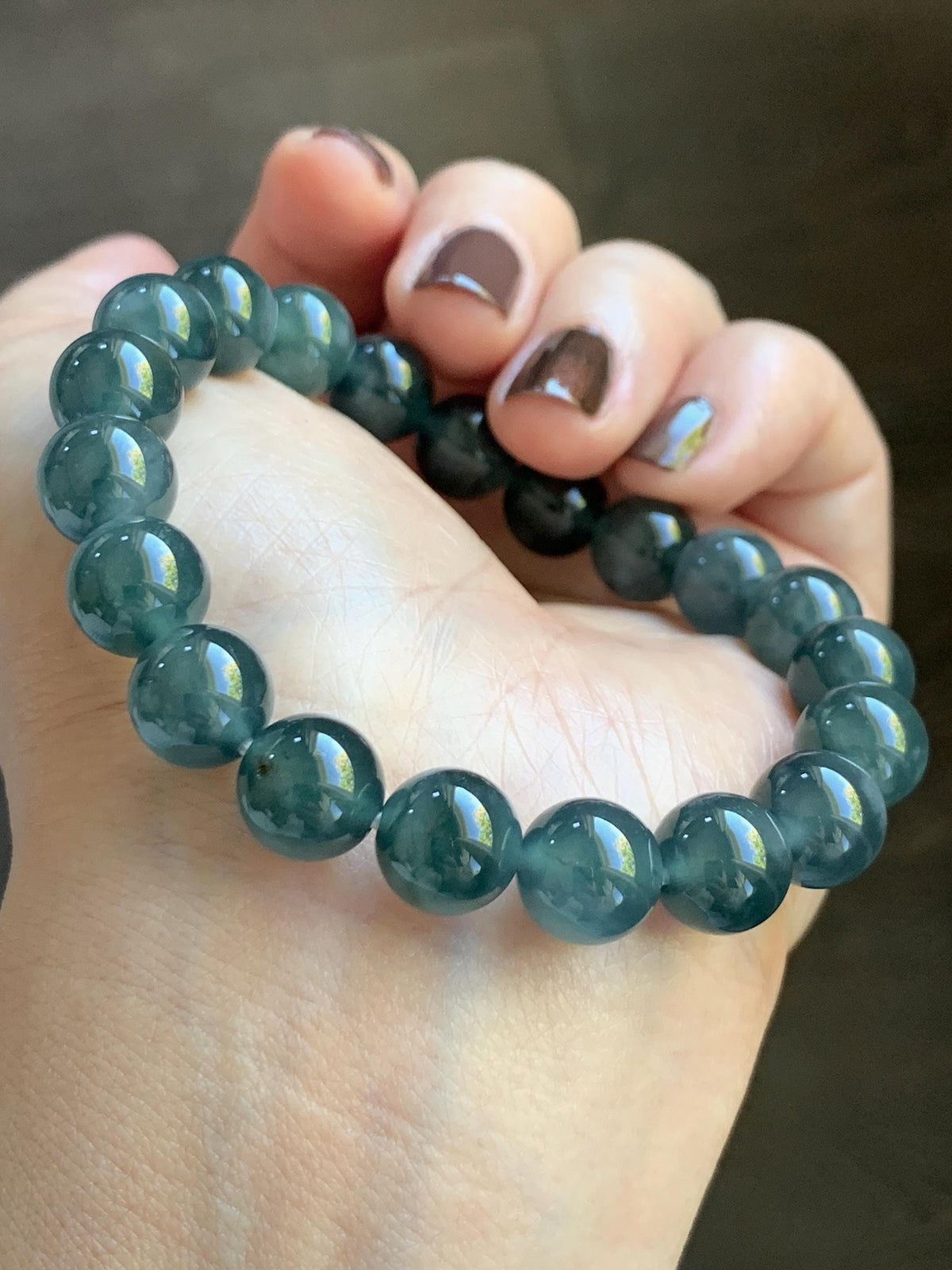 Natural Grade A Guatemalan Icy Translucent Dark Teal Blue Jade Jadeite Beaded Bracelet Stretchy 9.8mm 7.25” 32g 天然冰危深蓝绿翡翠圆珠手串 WLJ220