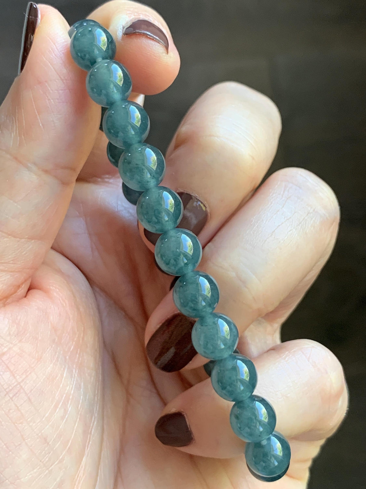 Natural Grade A Guatemalan Icy Translucent Dark Teal Blue Jade Jadeite Beaded Bracelet Stretchy 7.8mm 7” 19g 天然冰危深蓝绿翡翠圆珠手串 WXL154
