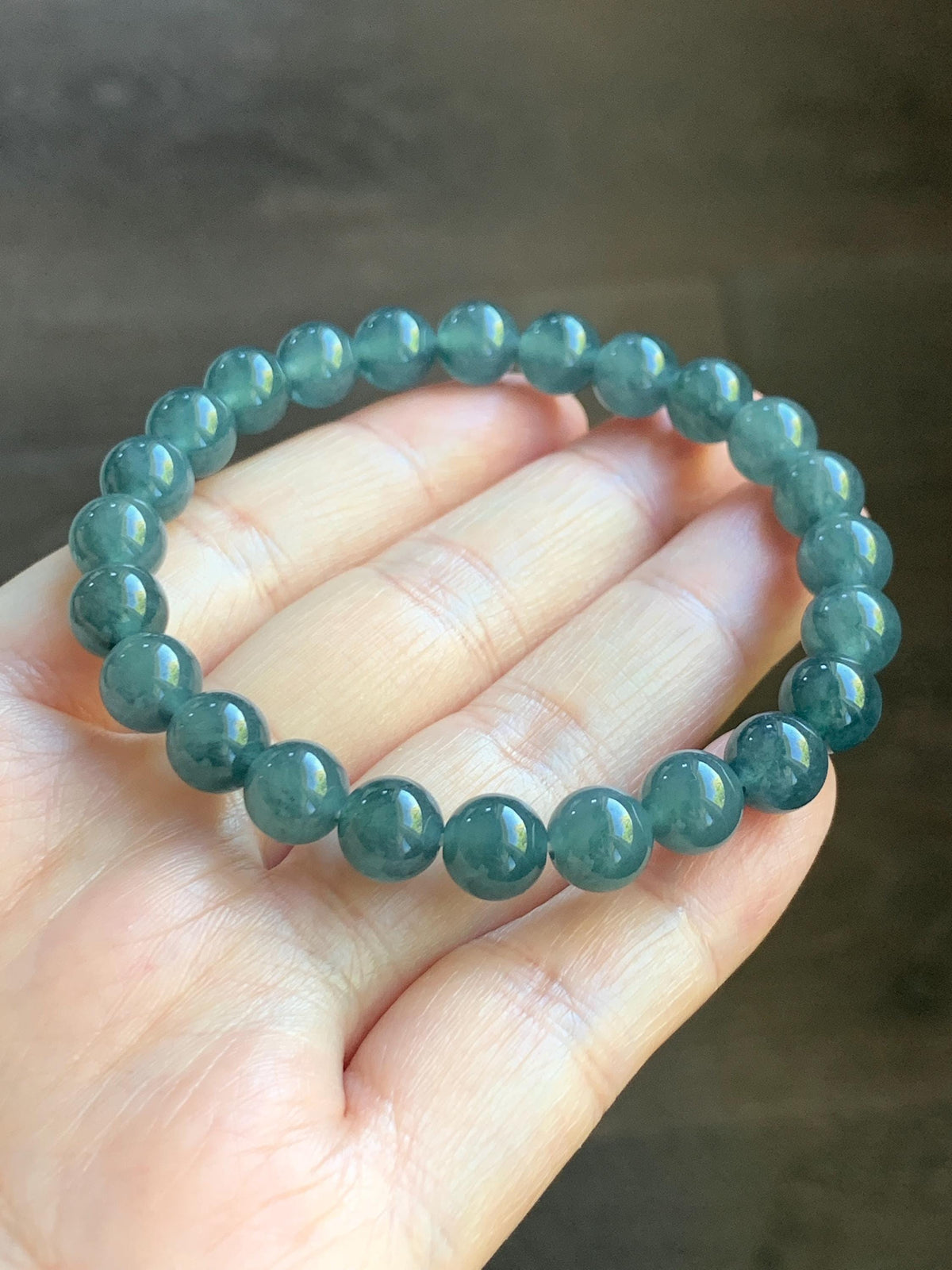 Natural Grade A Guatemalan Icy Translucent Dark Teal Blue Jade Jadeite Beaded Bracelet Stretchy 7.8mm 7” 19g 天然冰危深蓝绿翡翠圆珠手串 WXL154