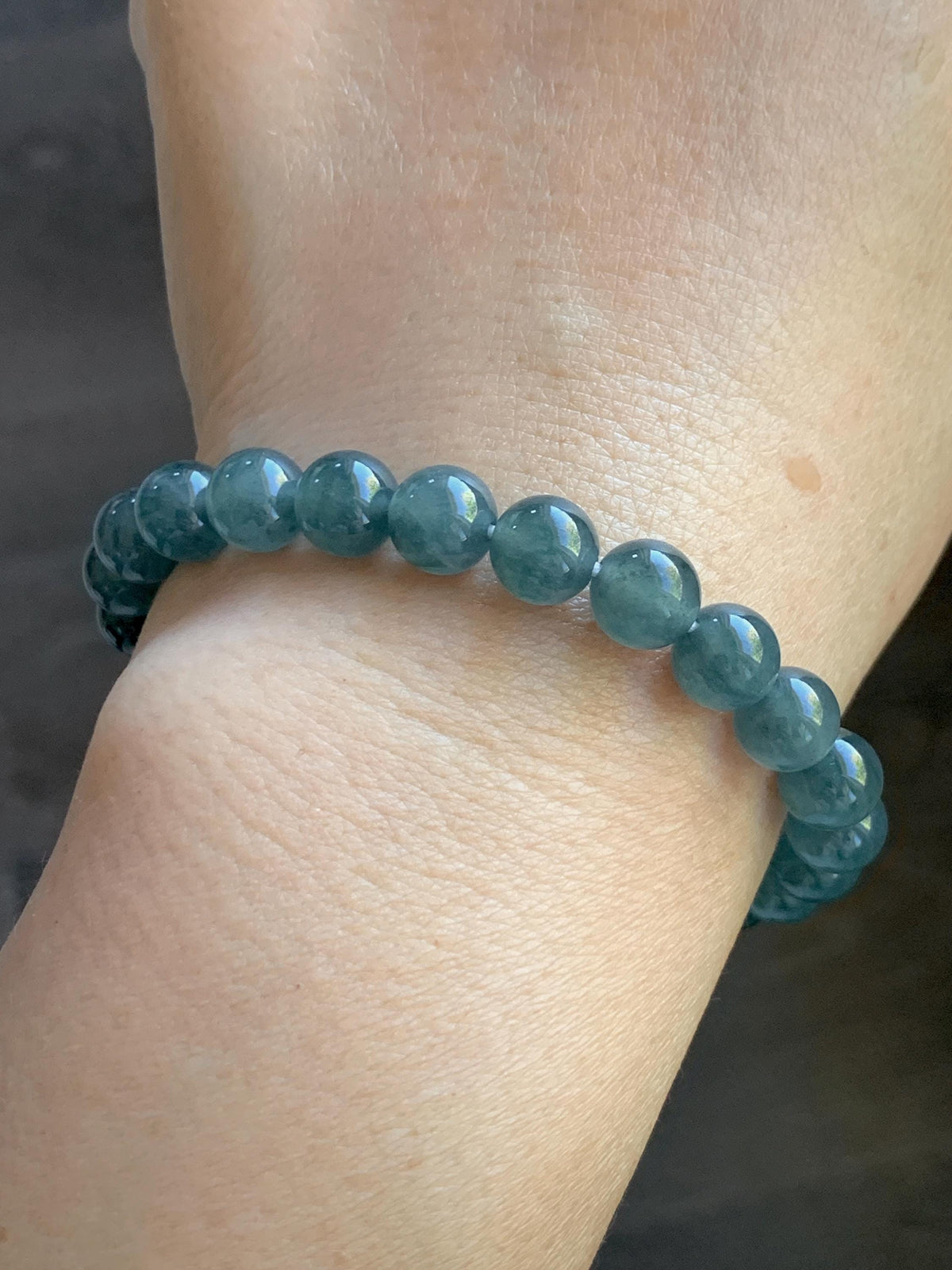 Natural Grade A Guatemalan Icy Translucent Dark Teal Blue Jade Jadeite Beaded Bracelet Stretchy 7.8mm 7” 19g 天然冰危深蓝绿翡翠圆珠手串 WXL154