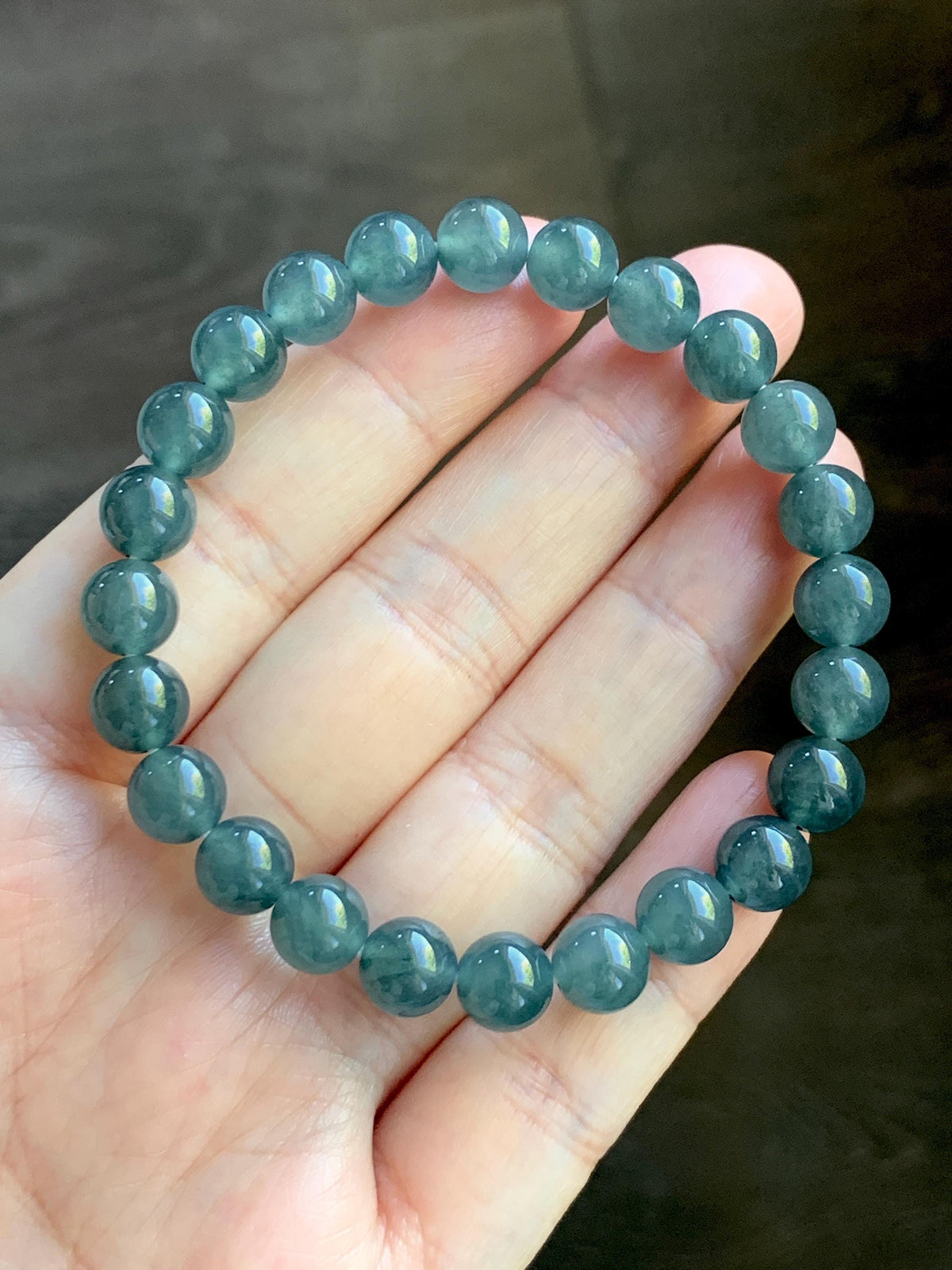 Natural Grade A Guatemalan Icy Translucent Dark Teal Blue Jade Jadeite Beaded Bracelet Stretchy 7.8mm 7” 19g 天然冰危深蓝绿翡翠圆珠手串 WXL154