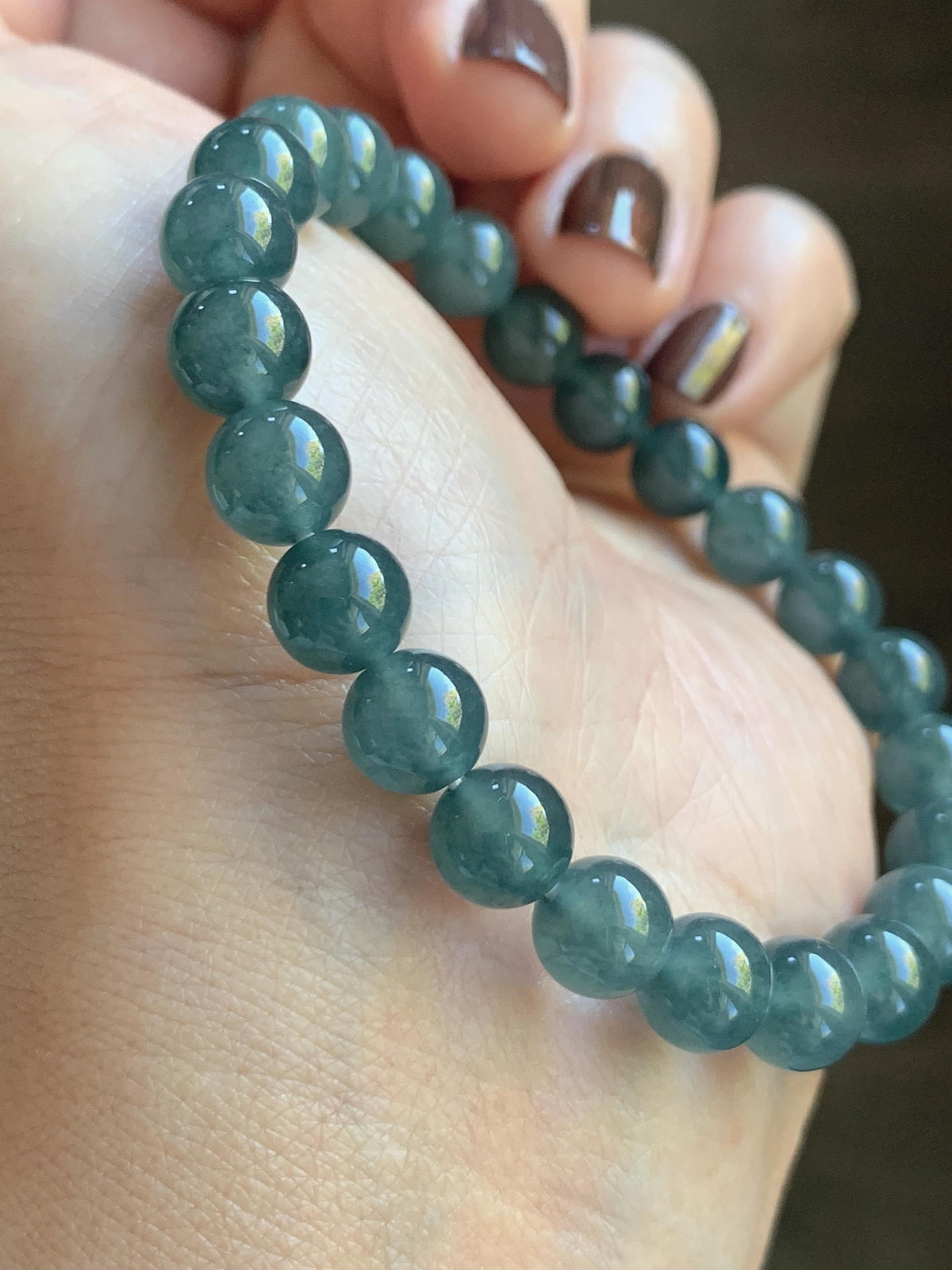 Natural Grade A Guatemalan Icy Translucent Dark Teal Blue Jade Jadeite Beaded Bracelet Stretchy 7.8mm 7” 19g 天然冰危深蓝绿翡翠圆珠手串 WXL154