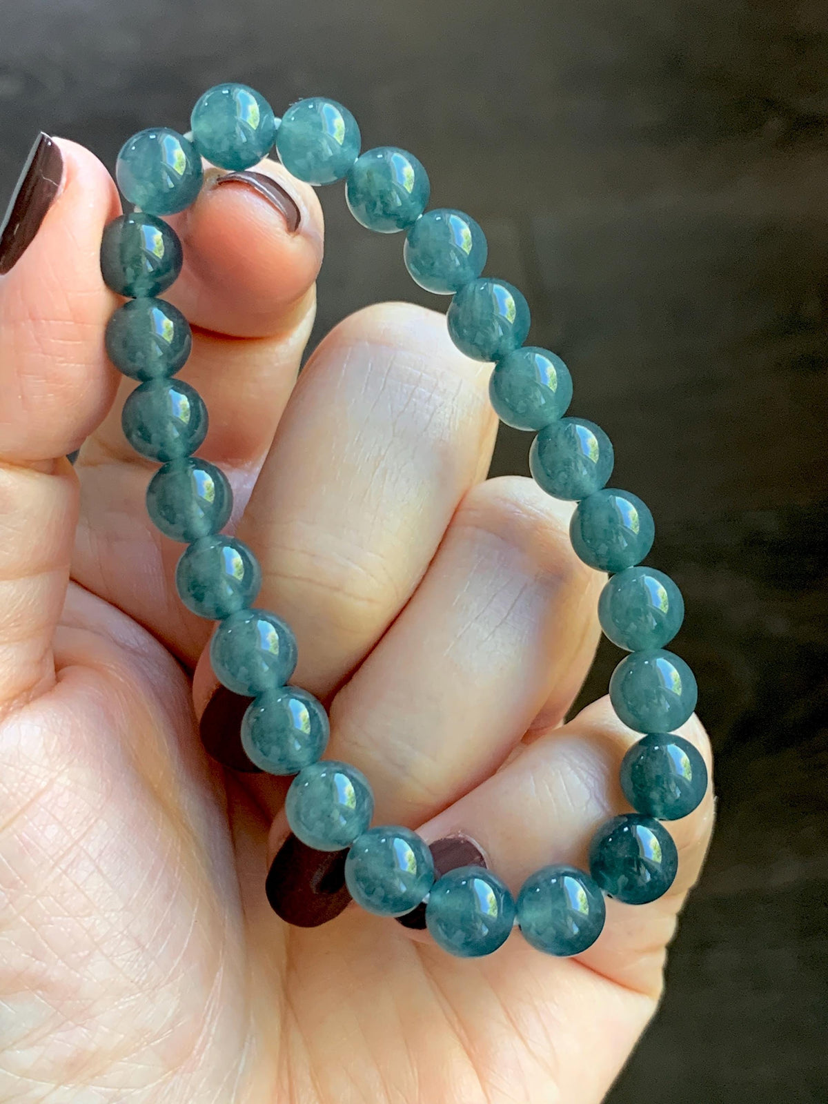 Natural Grade A Guatemalan Icy Translucent Dark Teal Blue Jade Jadeite Beaded Bracelet Stretchy 7.8mm 7” 19g 天然冰危深蓝绿翡翠圆珠手串 WXL154