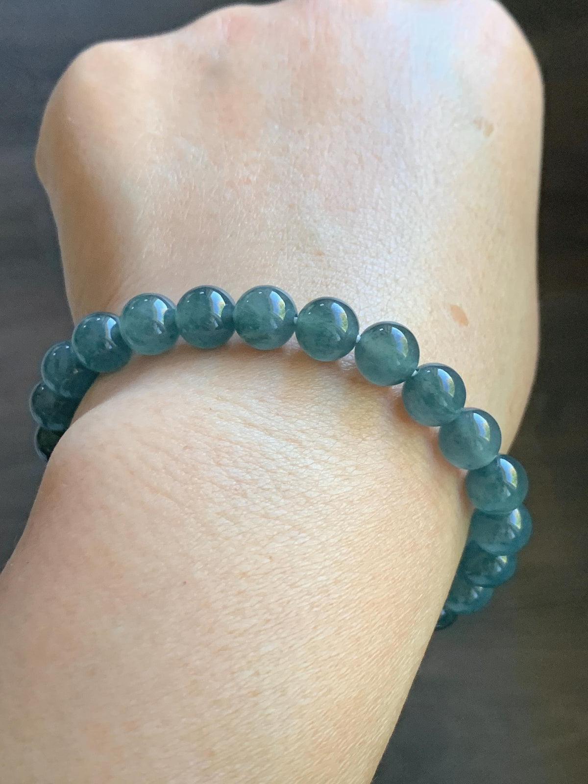 Natural Grade A Guatemalan Icy Translucent Dark Teal Blue Jade Jadeite Beaded Bracelet Stretchy 7.8mm 7” 19g 天然冰危深蓝绿翡翠圆珠手串 WXL154