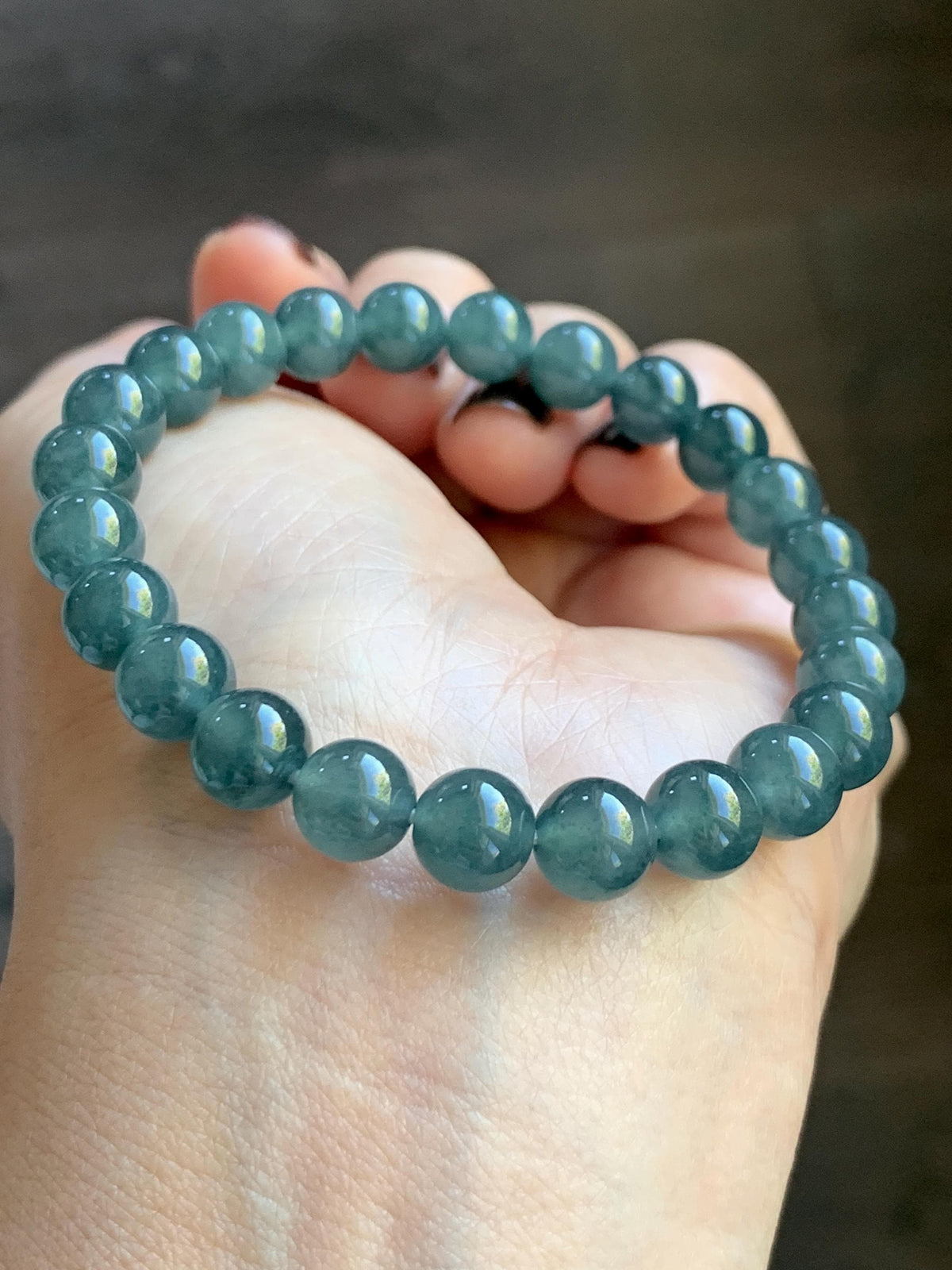 Natural Grade A Guatemalan Icy Translucent Dark Teal Blue Jade Jadeite Beaded Bracelet Stretchy 7.8mm 7” 19g 天然冰危深蓝绿翡翠圆珠手串 WXL154