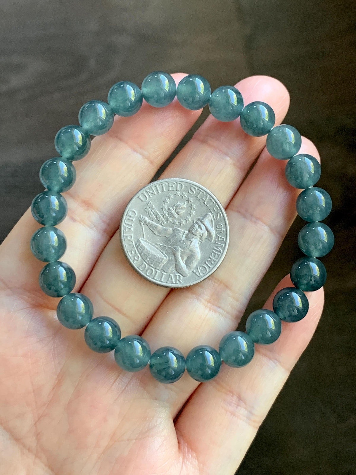 Natural Grade A Guatemalan Icy Translucent Dark Teal Blue Jade Jadeite Beaded Bracelet Stretchy 7.8mm 7” 19g 天然冰危深蓝绿翡翠圆珠手串 WXL154