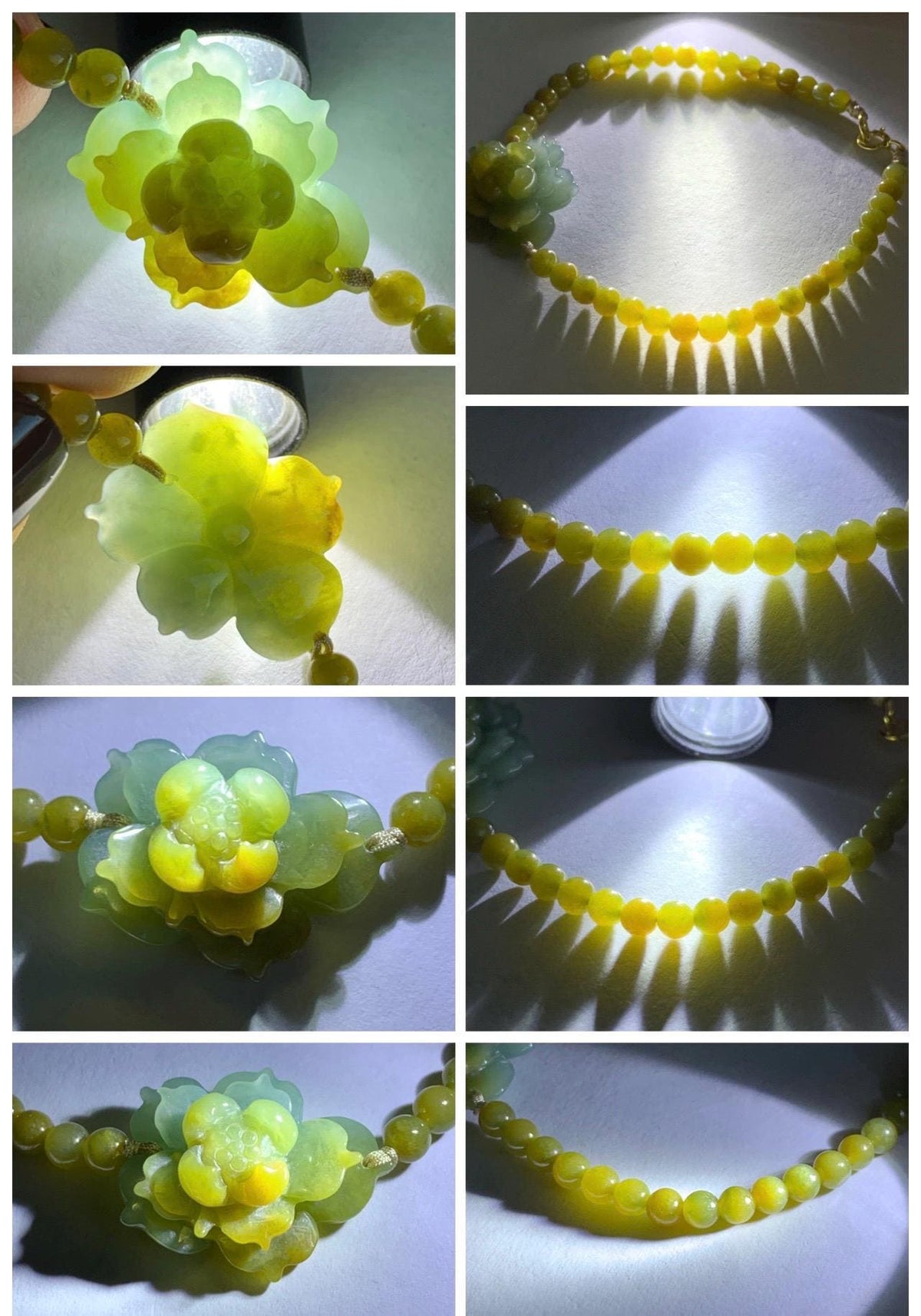 Natural Guatemalan Icy Translucent Dusty Blue Yellow Marbled Jade Jadeite Lotus Flower Petite Beaded Bracelet 7” 8g 天然冰危蓝黄翡翠莲花满黄小圆珠手串 WLH240
