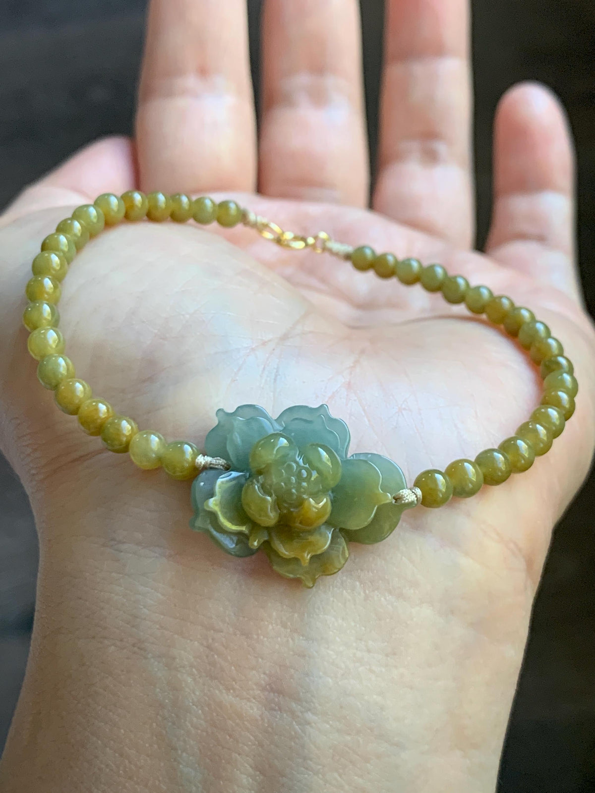 Natural Guatemalan Icy Translucent Dusty Blue Yellow Marbled Jade Jadeite Lotus Flower Petite Beaded Bracelet 7” 8g 天然冰危蓝黄翡翠莲花满黄小圆珠手串 WLH240