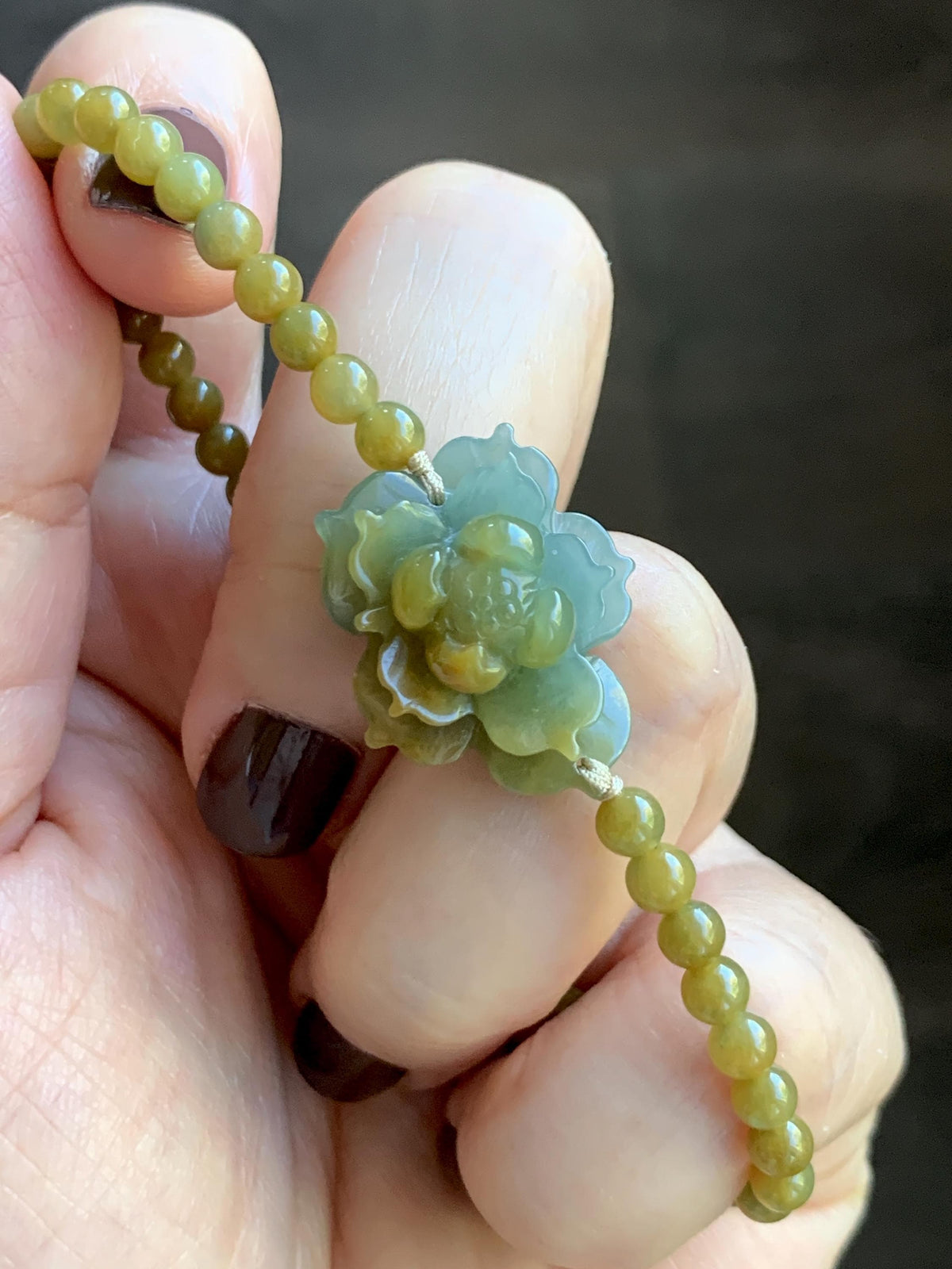 Natural Guatemalan Icy Translucent Dusty Blue Yellow Marbled Jade Jadeite Lotus Flower Petite Beaded Bracelet 7” 8g 天然冰危蓝黄翡翠莲花满黄小圆珠手串 WLH240