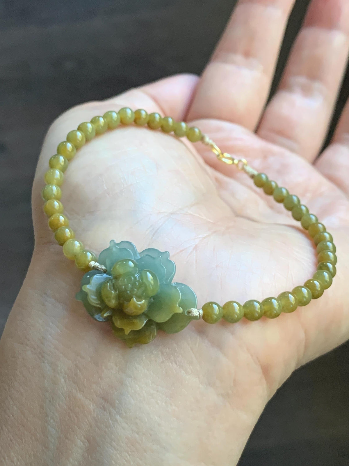 Natural Guatemalan Icy Translucent Dusty Blue Yellow Marbled Jade Jadeite Lotus Flower Petite Beaded Bracelet 7” 8g 天然冰危蓝黄翡翠莲花满黄小圆珠手串 WLH240