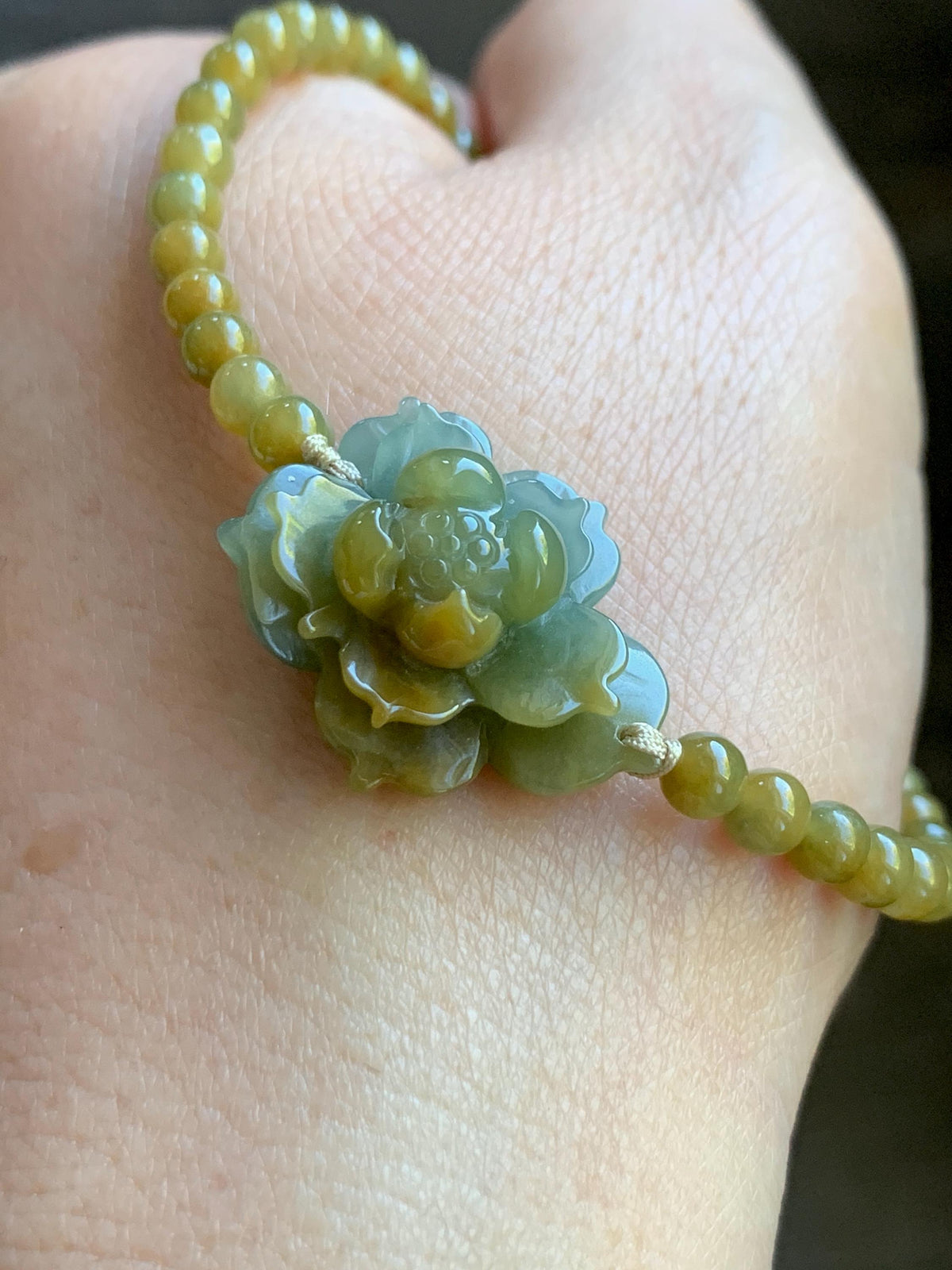 Natural Guatemalan Icy Translucent Dusty Blue Yellow Marbled Jade Jadeite Lotus Flower Petite Beaded Bracelet 7” 8g 天然冰危蓝黄翡翠莲花满黄小圆珠手串 WLH240