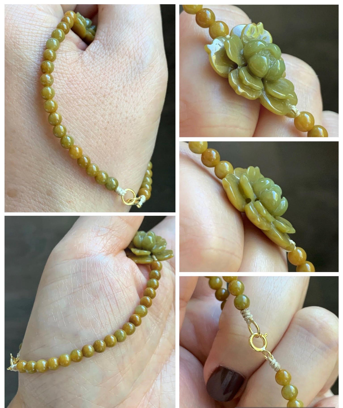 Natural Guatemalan Translucent Rich Yellow Jade Jadeite Lotus Flower Petite Jadeite Beads Beaded Bracelet 6.75” 8g 天然冰危油黄翡翠莲花满黄小圆珠手串 WHH240