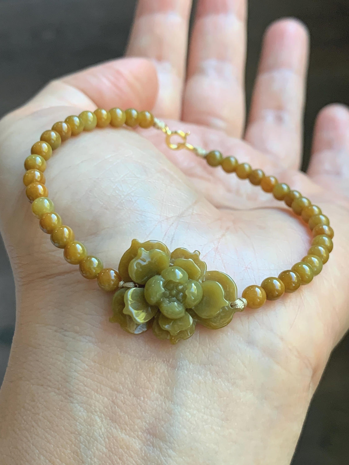 Natural Guatemalan Translucent Rich Yellow Jade Jadeite Lotus Flower Petite Jadeite Beads Beaded Bracelet 6.75” 8g 天然冰危油黄翡翠莲花满黄小圆珠手串 WHH240