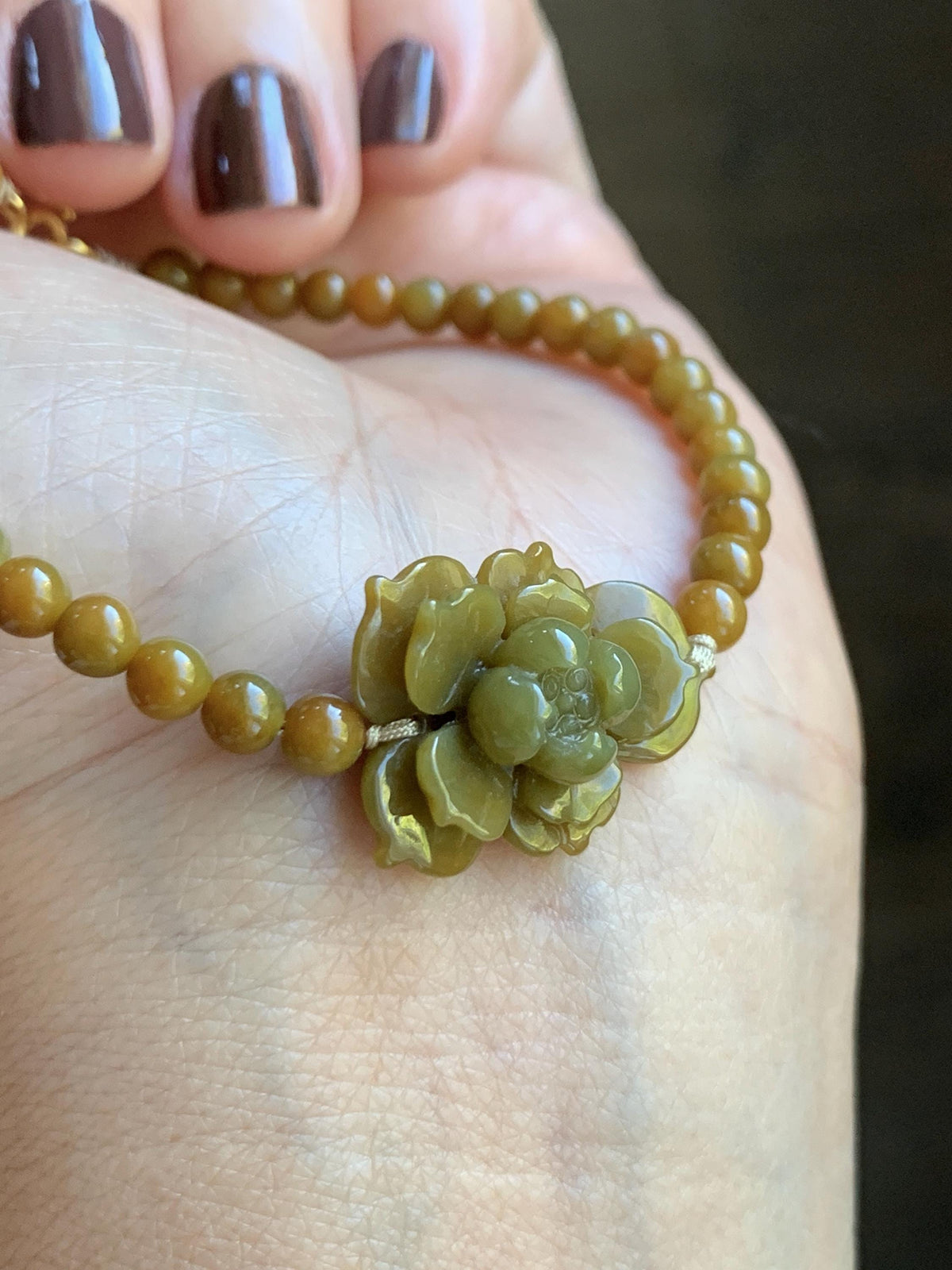 Natural Guatemalan Translucent Rich Yellow Jade Jadeite Lotus Flower Petite Jadeite Beads Beaded Bracelet 6.75” 8g 天然冰危油黄翡翠莲花满黄小圆珠手串 WHH240