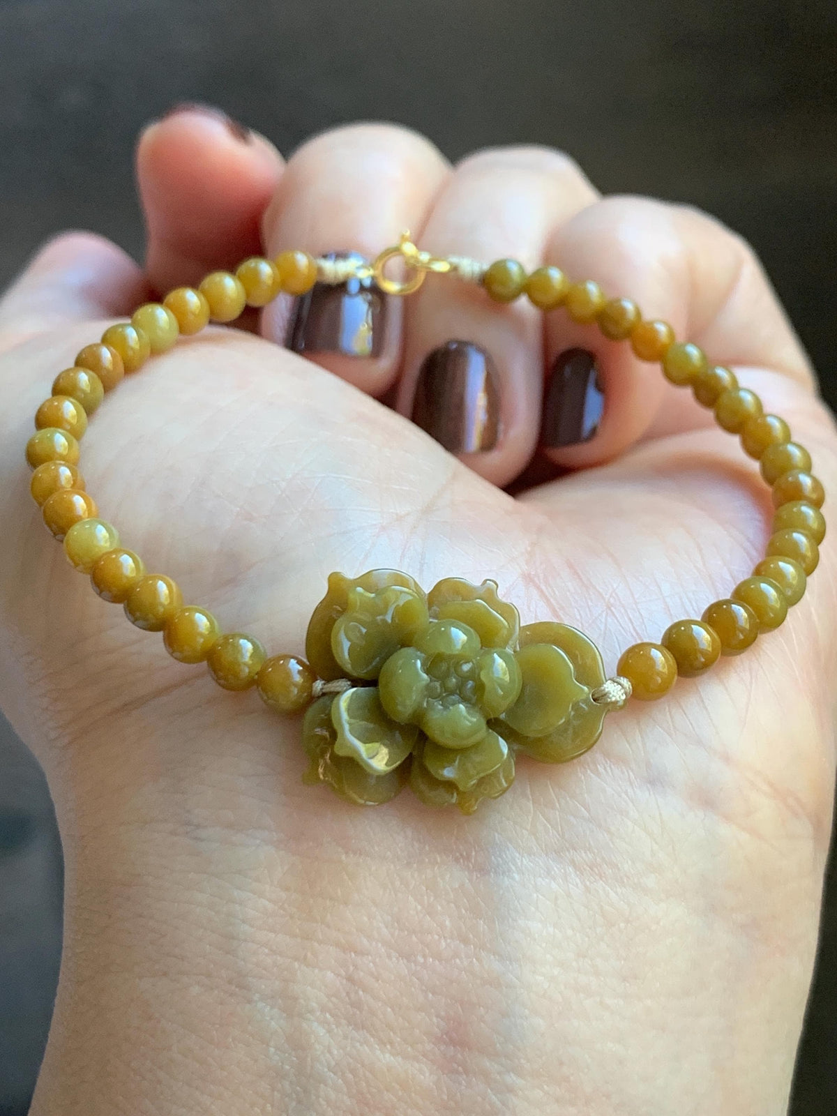 Natural Guatemalan Translucent Rich Yellow Jade Jadeite Lotus Flower Petite Jadeite Beads Beaded Bracelet 6.75” 8g 天然冰危油黄翡翠莲花满黄小圆珠手串 WHH240