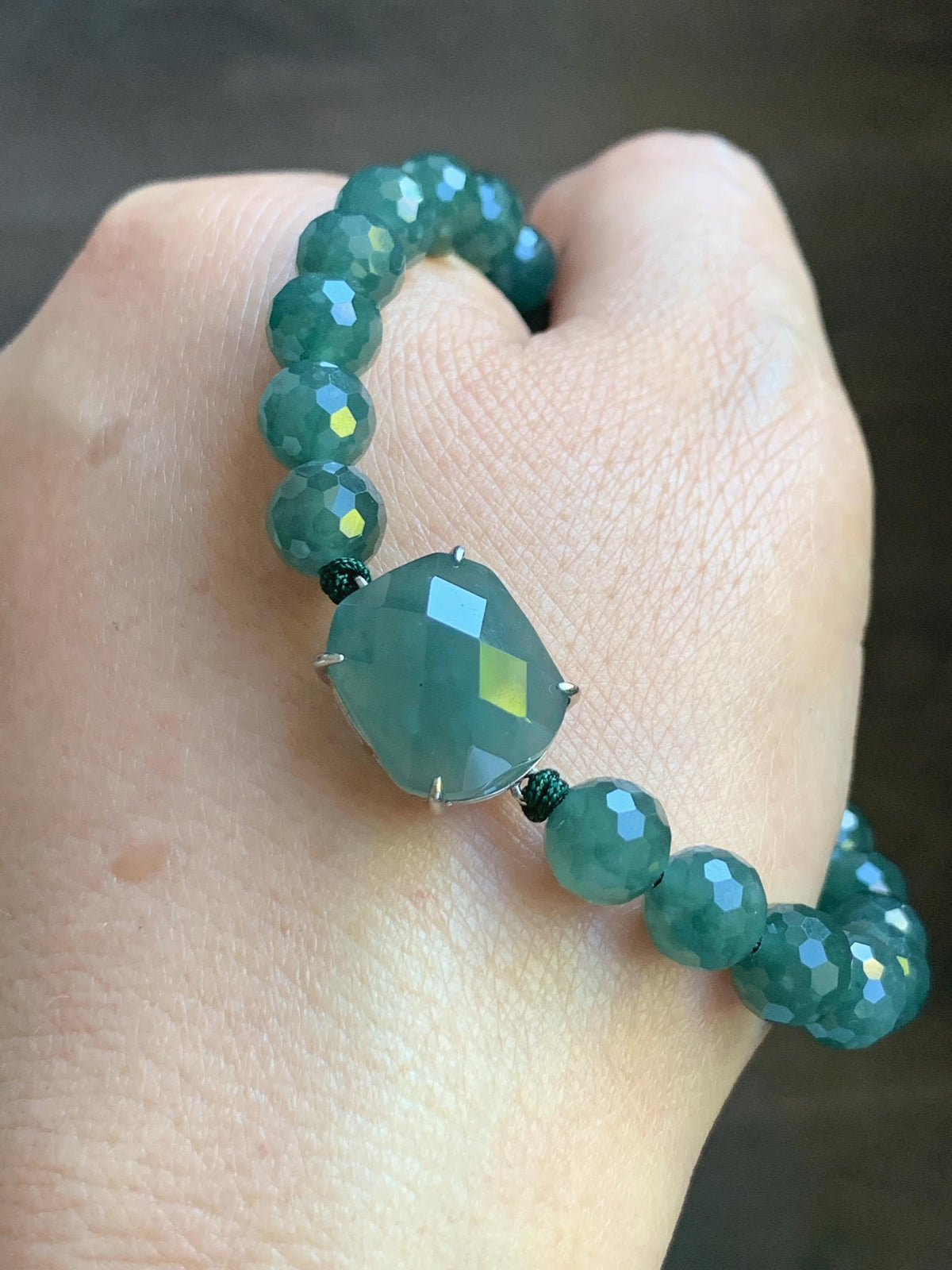 Natural Guatemalan Grade A Icy Translucent Dusty Teal Blue Jade Jadeite Faceted Cabochon Beaded Bracelet 7.5" 19g 天然冰危蓝绿翡翠切割面蛋面圆珠手串 WQG220