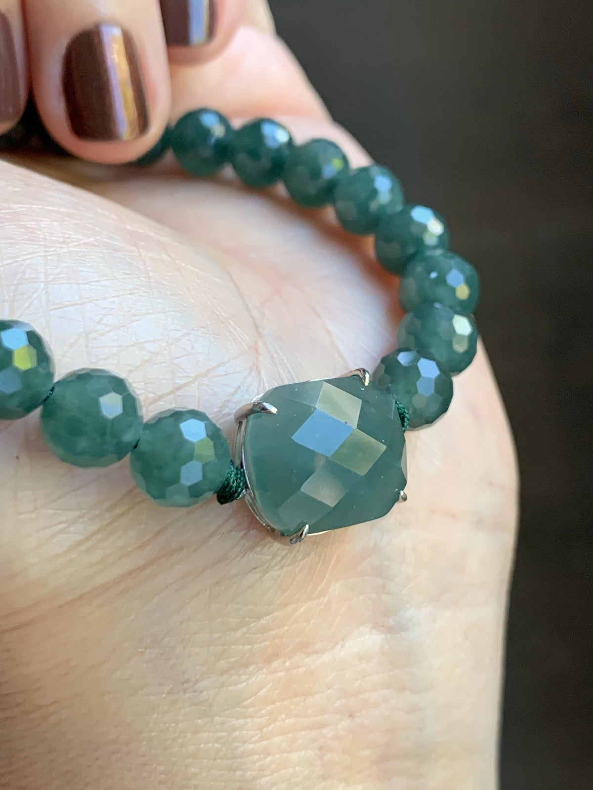 Natural Guatemalan Grade A Icy Translucent Dusty Teal Blue Jade Jadeite Faceted Cabochon Beaded Bracelet 7.5" 19g 天然冰危蓝绿翡翠切割面蛋面圆珠手串 WQG220
