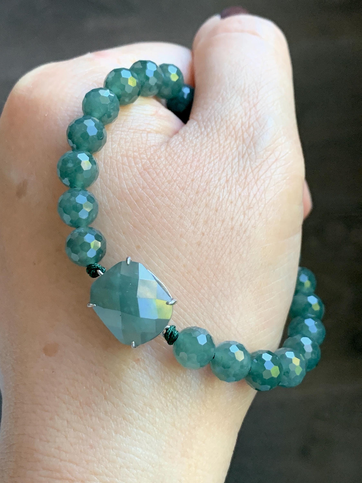 Natural Guatemalan Grade A Icy Translucent Dusty Teal Blue Jade Jadeite Faceted Cabochon Beaded Bracelet 7.5" 19g 天然冰危蓝绿翡翠切割面蛋面圆珠手串 WQG220