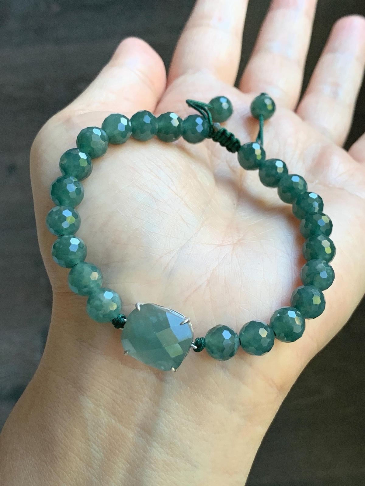 Natural Guatemalan Grade A Icy Translucent Dusty Teal Blue Jade Jadeite Faceted Cabochon Beaded Bracelet 7.5" 19g 天然冰危蓝绿翡翠切割面蛋面圆珠手串 WQG220