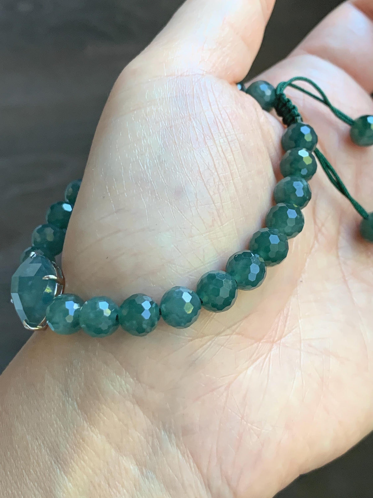 Natural Guatemalan Grade A Icy Translucent Dusty Teal Blue Jade Jadeite Faceted Cabochon Beaded Bracelet 7.5" 19g 天然冰危蓝绿翡翠切割面蛋面圆珠手串 WQG220