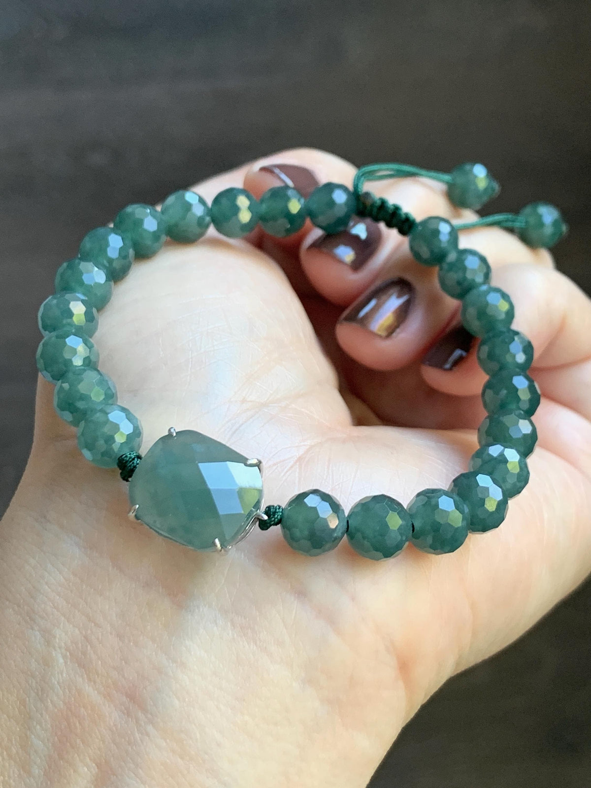 Natural Guatemalan Grade A Icy Translucent Dusty Teal Blue Jade Jadeite Faceted Cabochon Beaded Bracelet 7.5" 19g 天然冰危蓝绿翡翠切割面蛋面圆珠手串 WQG220