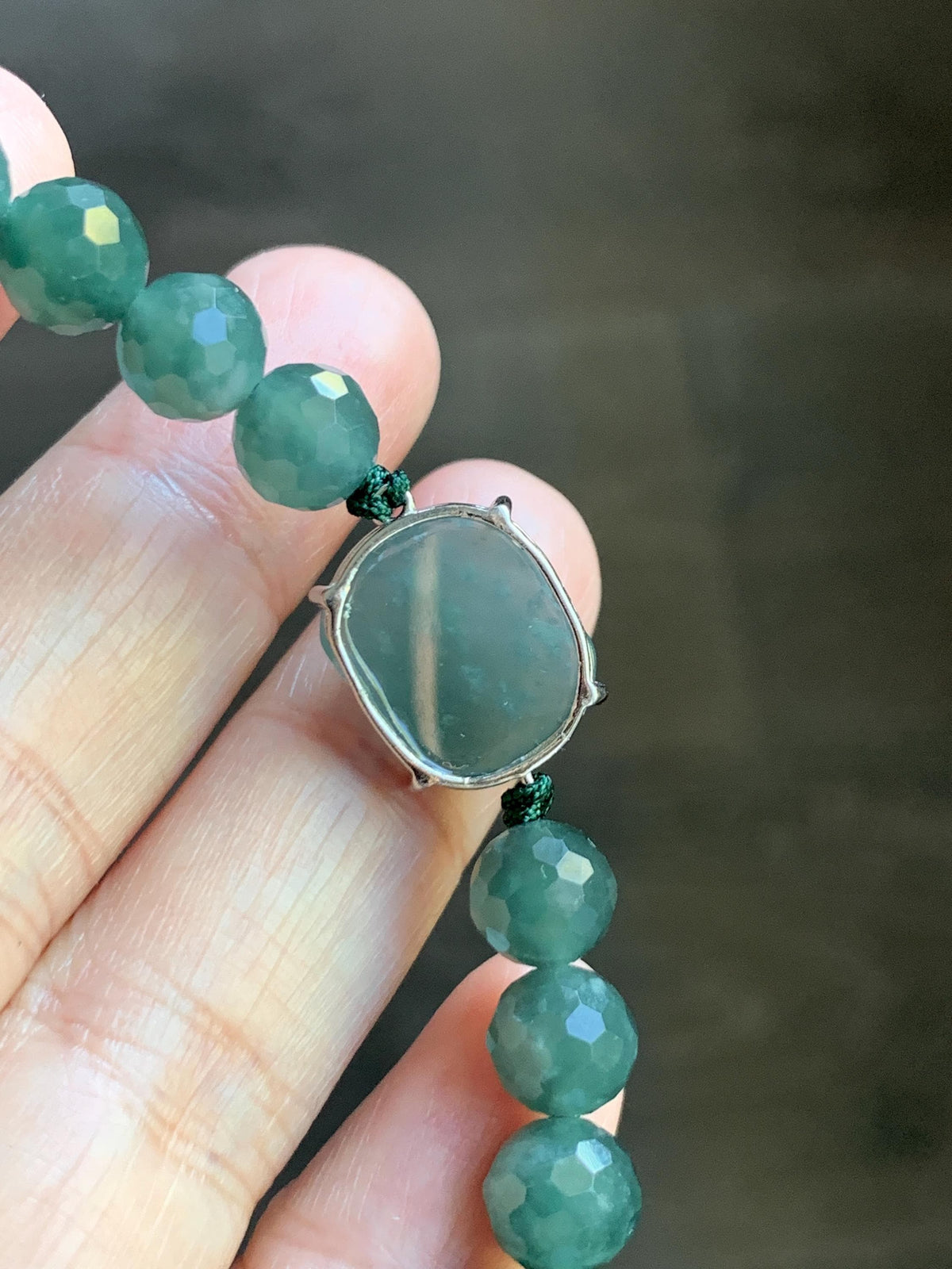 Natural Guatemalan Grade A Icy Translucent Dusty Teal Blue Jade Jadeite Faceted Cabochon Beaded Bracelet 7.5" 19g 天然冰危蓝绿翡翠切割面蛋面圆珠手串 WQG220