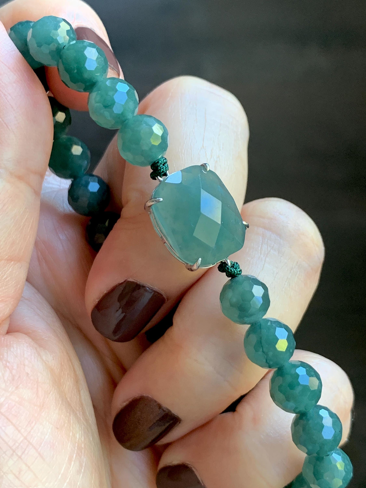 Natural Guatemalan Grade A Icy Translucent Dusty Teal Blue Jade Jadeite Faceted Cabochon Beaded Bracelet 7.5" 19g 天然冰危蓝绿翡翠切割面蛋面圆珠手串 WQG220