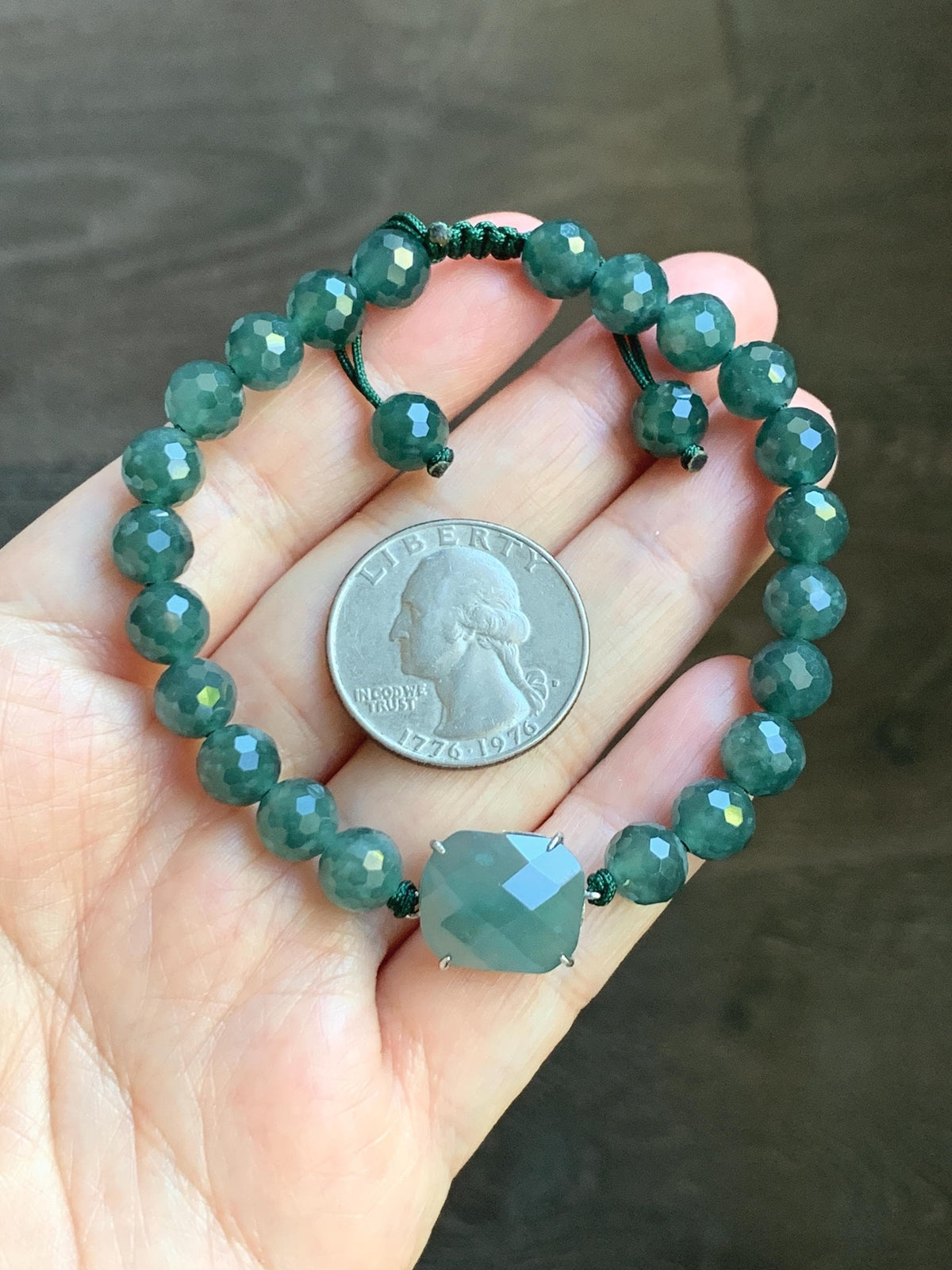 Natural Guatemalan Grade A Icy Translucent Dusty Teal Blue Jade Jadeite Faceted Cabochon Beaded Bracelet 7.5" 19g 天然冰危蓝绿翡翠切割面蛋面圆珠手串 WQG220