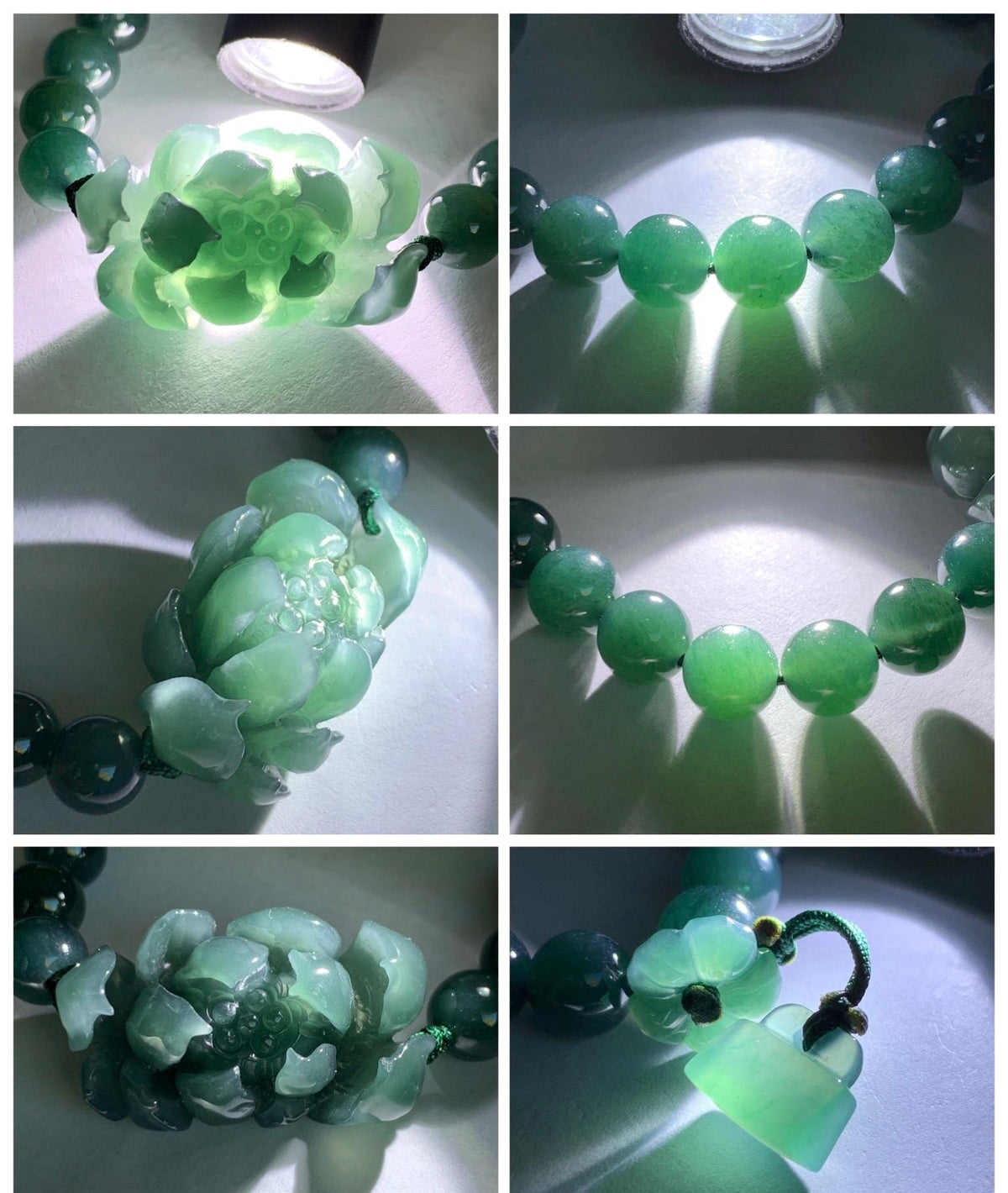 Natural Grade A Guatemalan Icy Translucent Dark Teal Blue Jade Jadeite Lotus Flower Beaded Bracelet 6.5” 27g 天然冰危深蓝绿翡翠莲花圆珠手串 WLH245