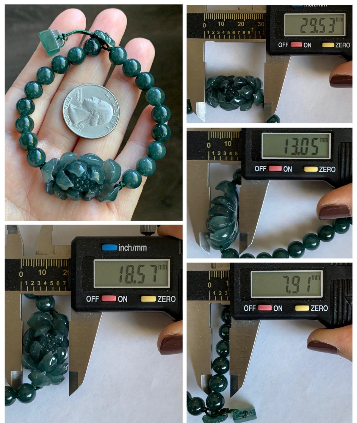 Natural Grade A Guatemalan Icy Translucent Dark Teal Blue Jade Jadeite Lotus Flower Beaded Bracelet 6.5” 27g 天然冰危深蓝绿翡翠莲花圆珠手串 WLH245