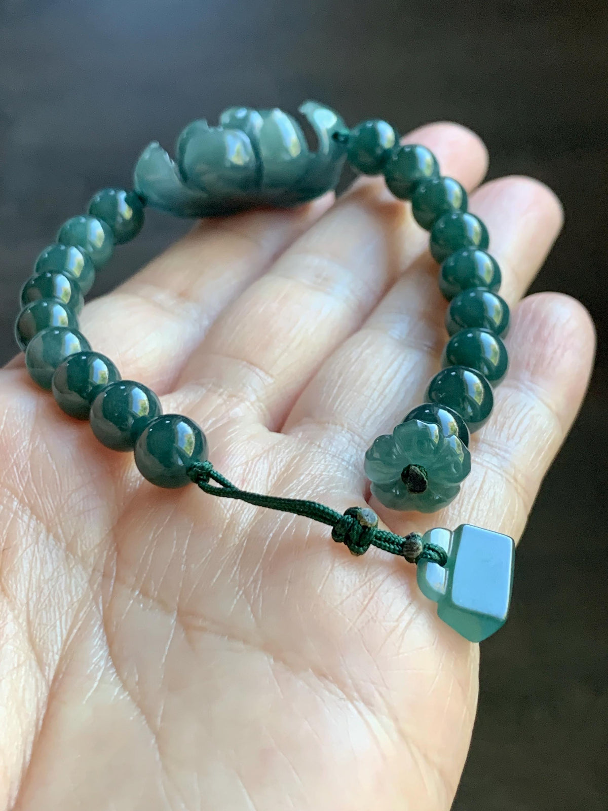 Natural Grade A Guatemalan Icy Translucent Dark Teal Blue Jade Jadeite Lotus Flower Beaded Bracelet 6.5” 27g 天然冰危深蓝绿翡翠莲花圆珠手串 WLH245