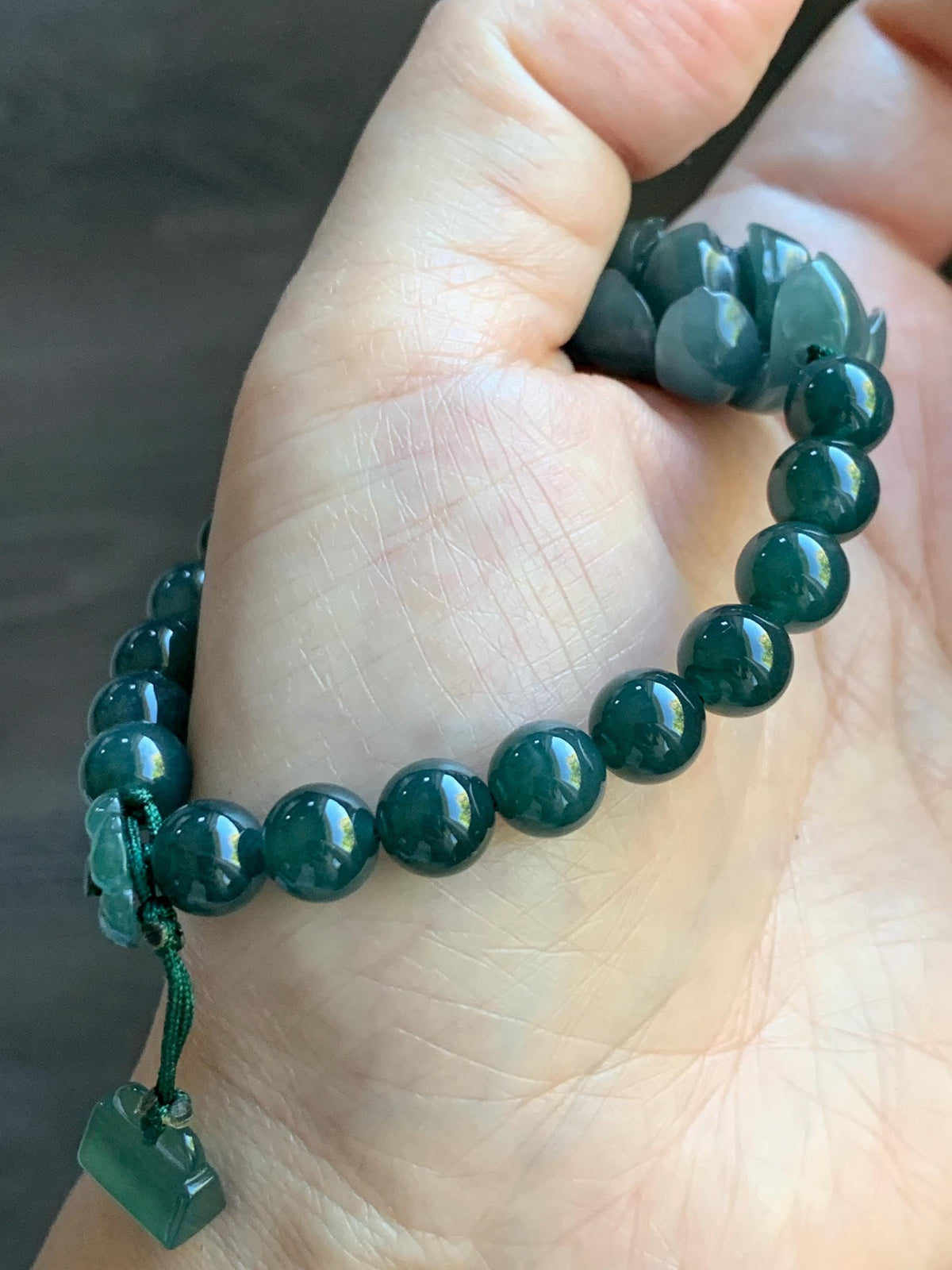 Natural Grade A Guatemalan Icy Translucent Dark Teal Blue Jade Jadeite Lotus Flower Beaded Bracelet 6.5” 27g 天然冰危深蓝绿翡翠莲花圆珠手串 WLH245