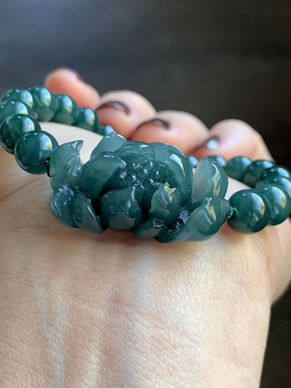 Natural Grade A Guatemalan Icy Translucent Dark Teal Blue Jade Jadeite Lotus Flower Beaded Bracelet 6.5” 27g 天然冰危深蓝绿翡翠莲花圆珠手串 WLH245