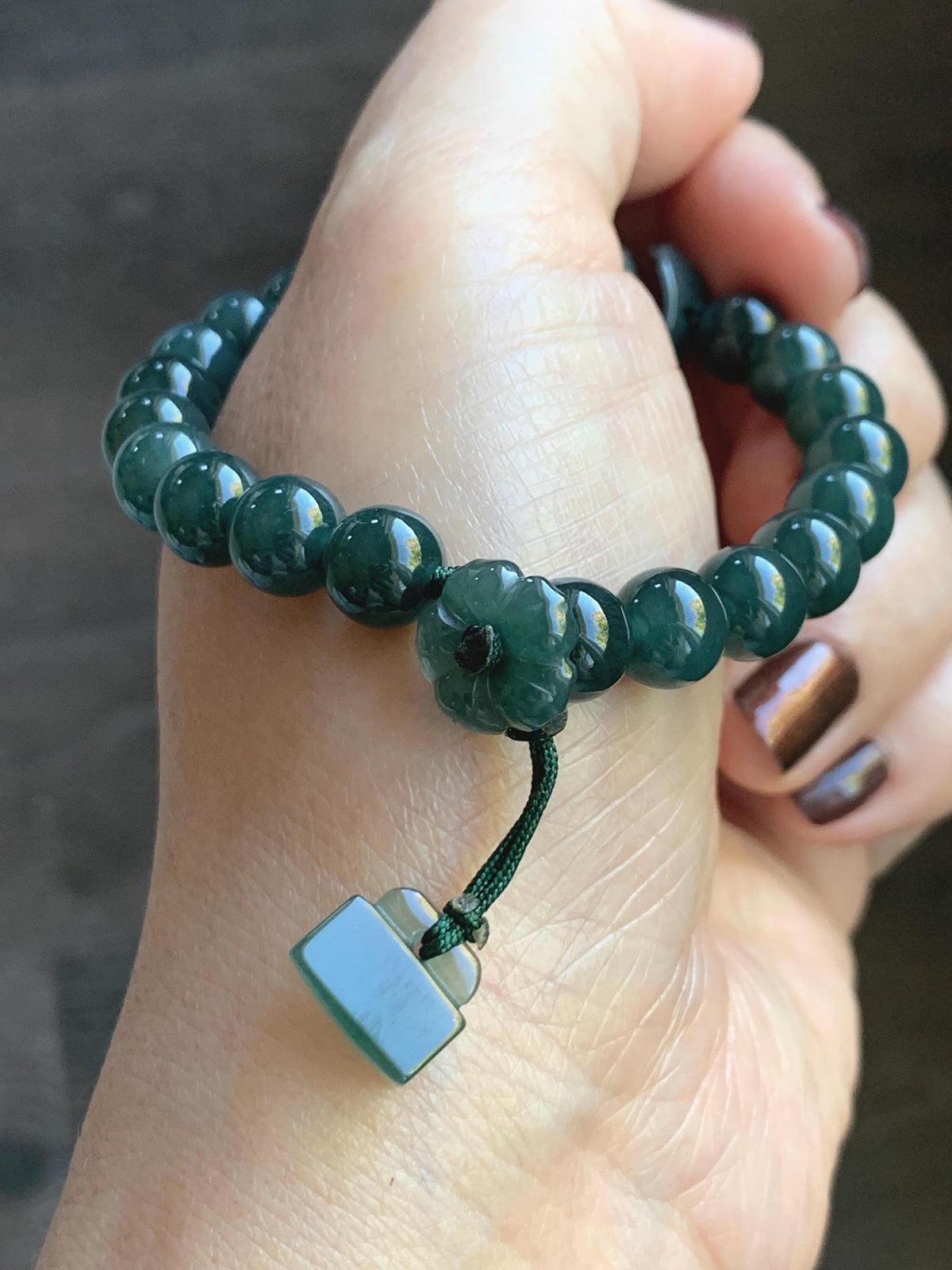 Natural Grade A Guatemalan Icy Translucent Dark Teal Blue Jade Jadeite Lotus Flower Beaded Bracelet 6.5” 27g 天然冰危深蓝绿翡翠莲花圆珠手串 WLH245
