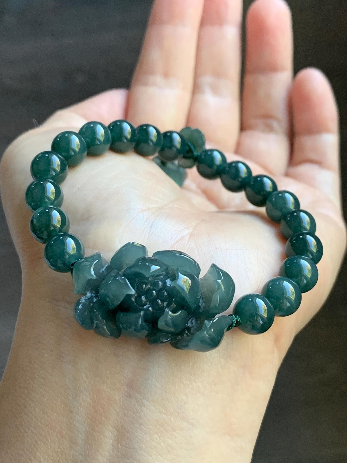 Natural Grade A Guatemalan Icy Translucent Dark Teal Blue Jade Jadeite Lotus Flower Beaded Bracelet 6.5” 27g 天然冰危深蓝绿翡翠莲花圆珠手串 WLH245