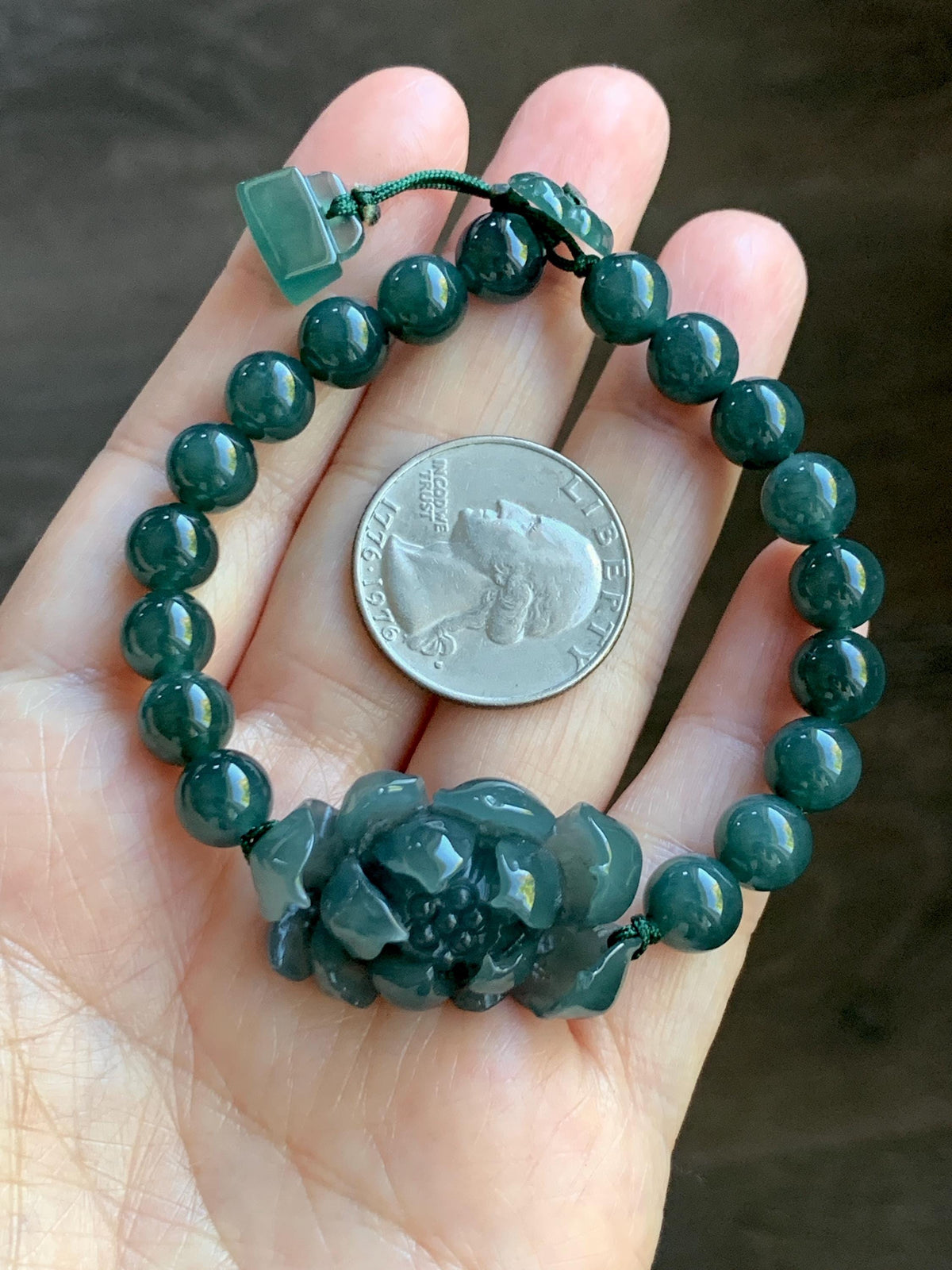 Natural Grade A Guatemalan Icy Translucent Dark Teal Blue Jade Jadeite Lotus Flower Beaded Bracelet 6.5” 27g 天然冰危深蓝绿翡翠莲花圆珠手串 WLH245